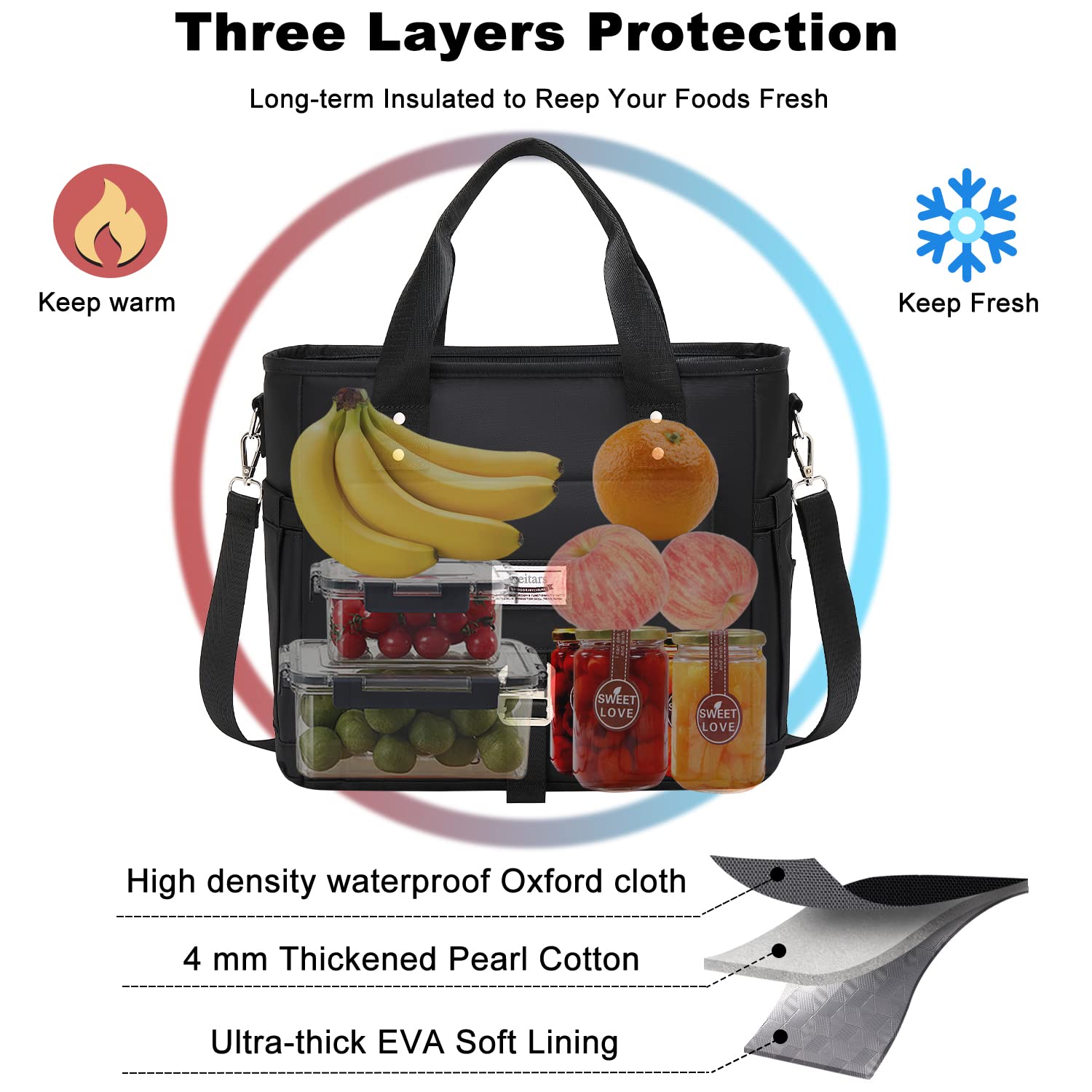 Weitars acabado Oxford duradero y forro de aluminio protegen los alimentos.