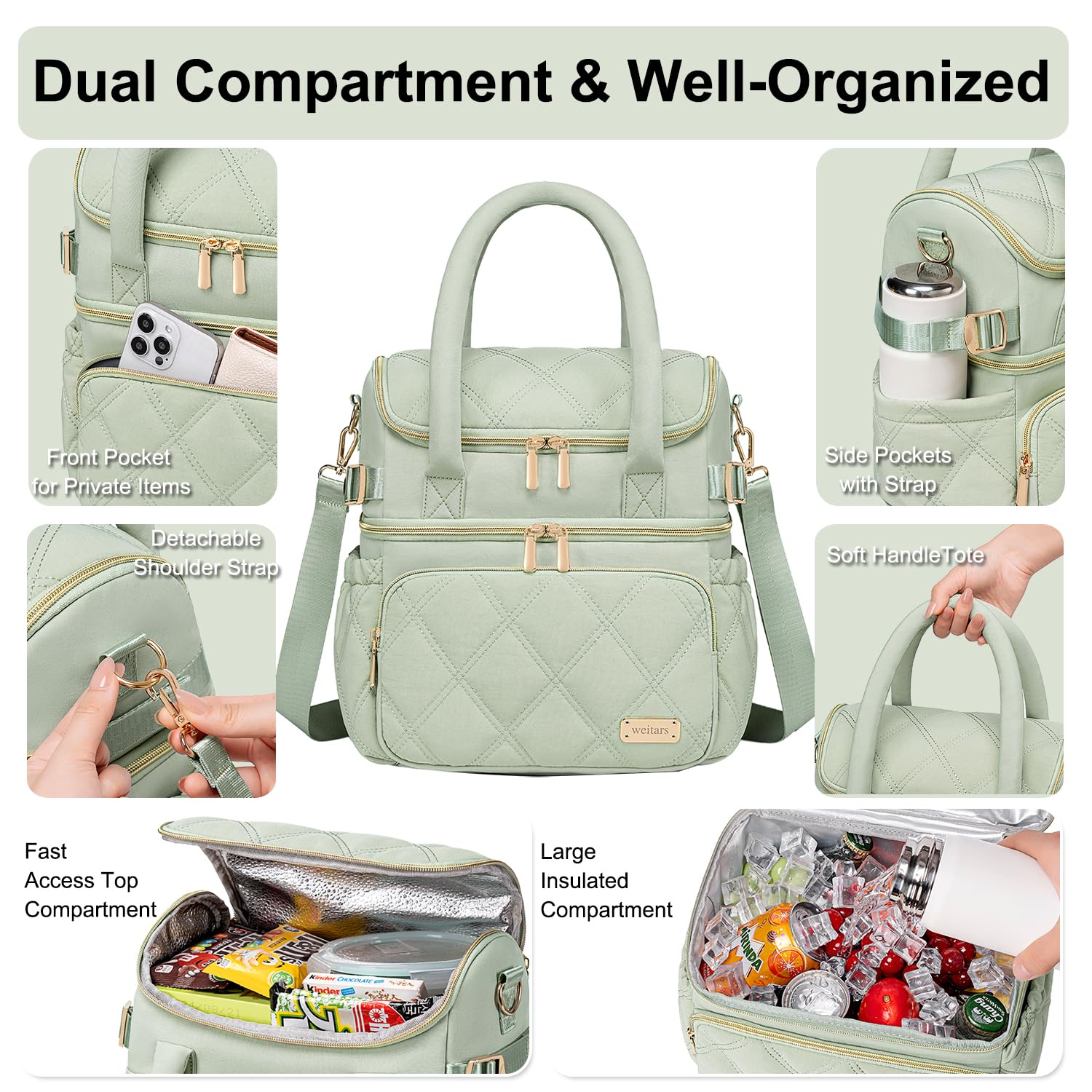 Weitars bolsa de almuerzo 17L, capacidad ideal para sándwiches, frutas y bebidas.
