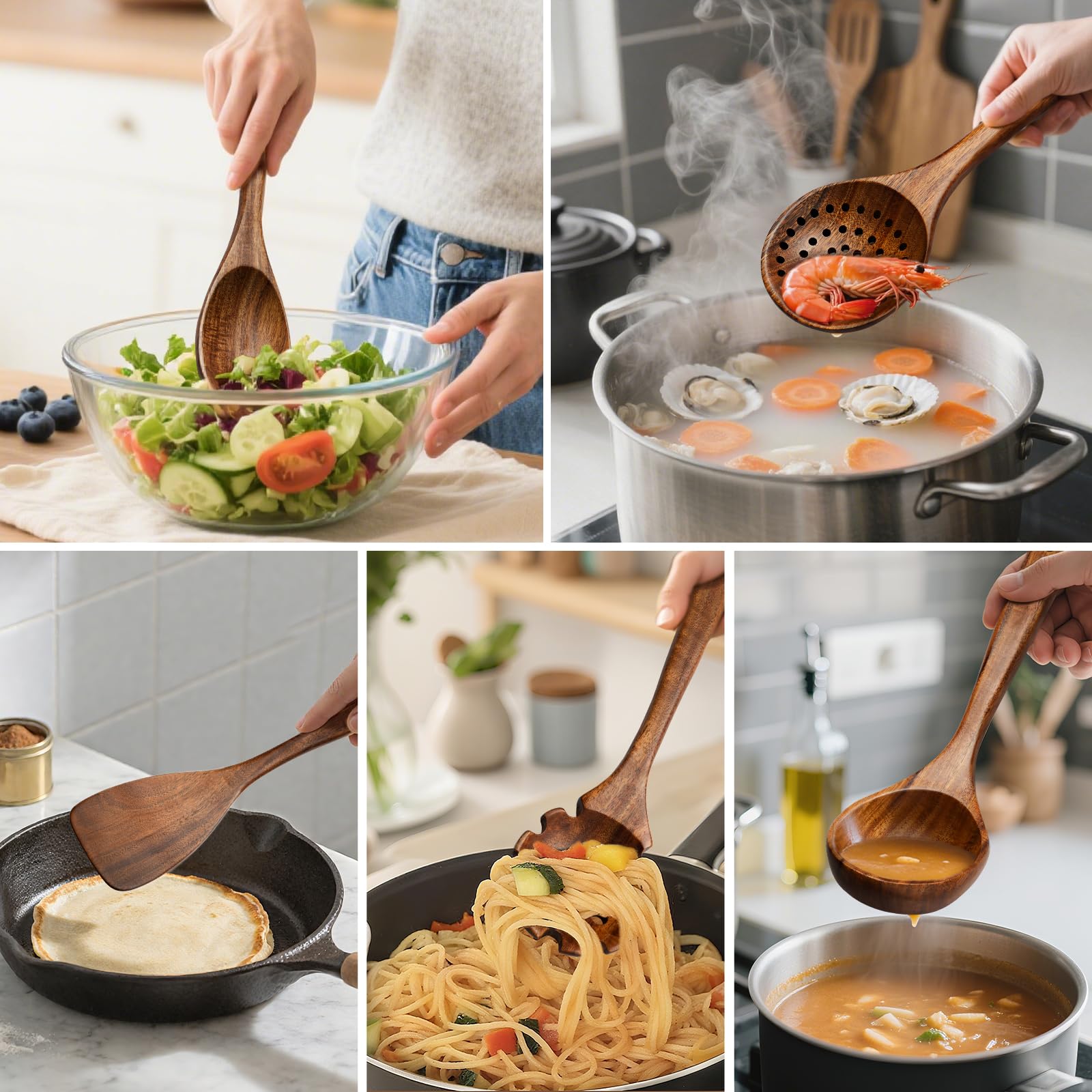 WEKELL cuchara de sopa teca, diseño ergonómico para servir cómodamente.