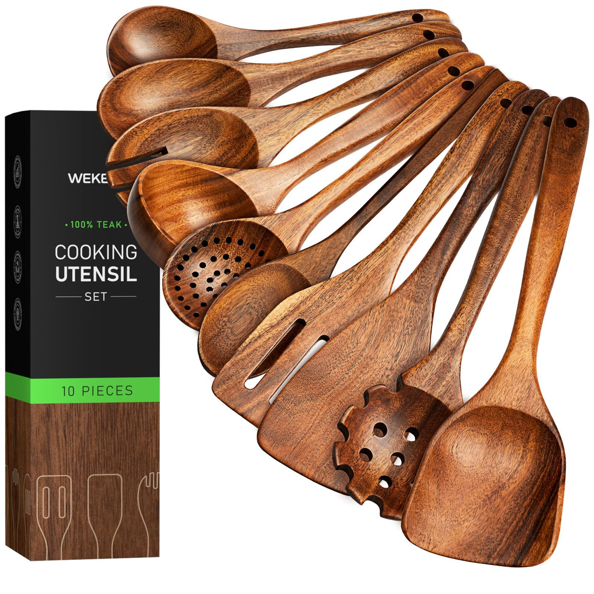 WEKELL juego utensilios teca 10 piezas, duraderos y aptos para no rayar sartenes.