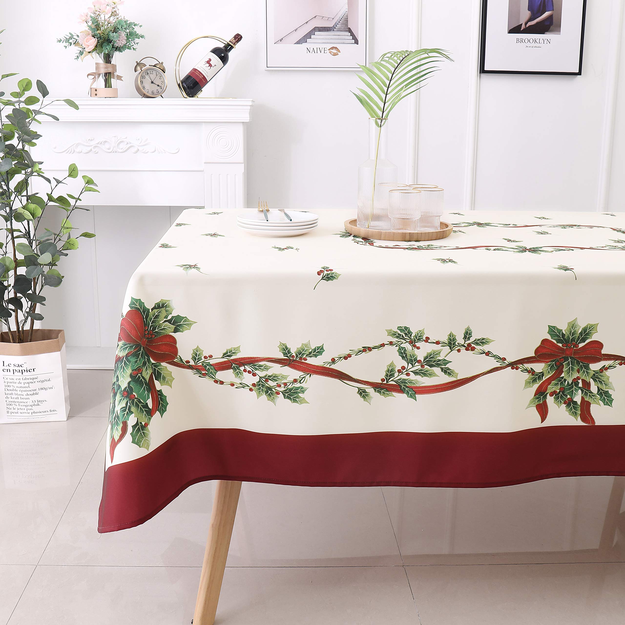 Mantel Wekwch hojas navideñas frente, diseño festivo y protección de la mesa.