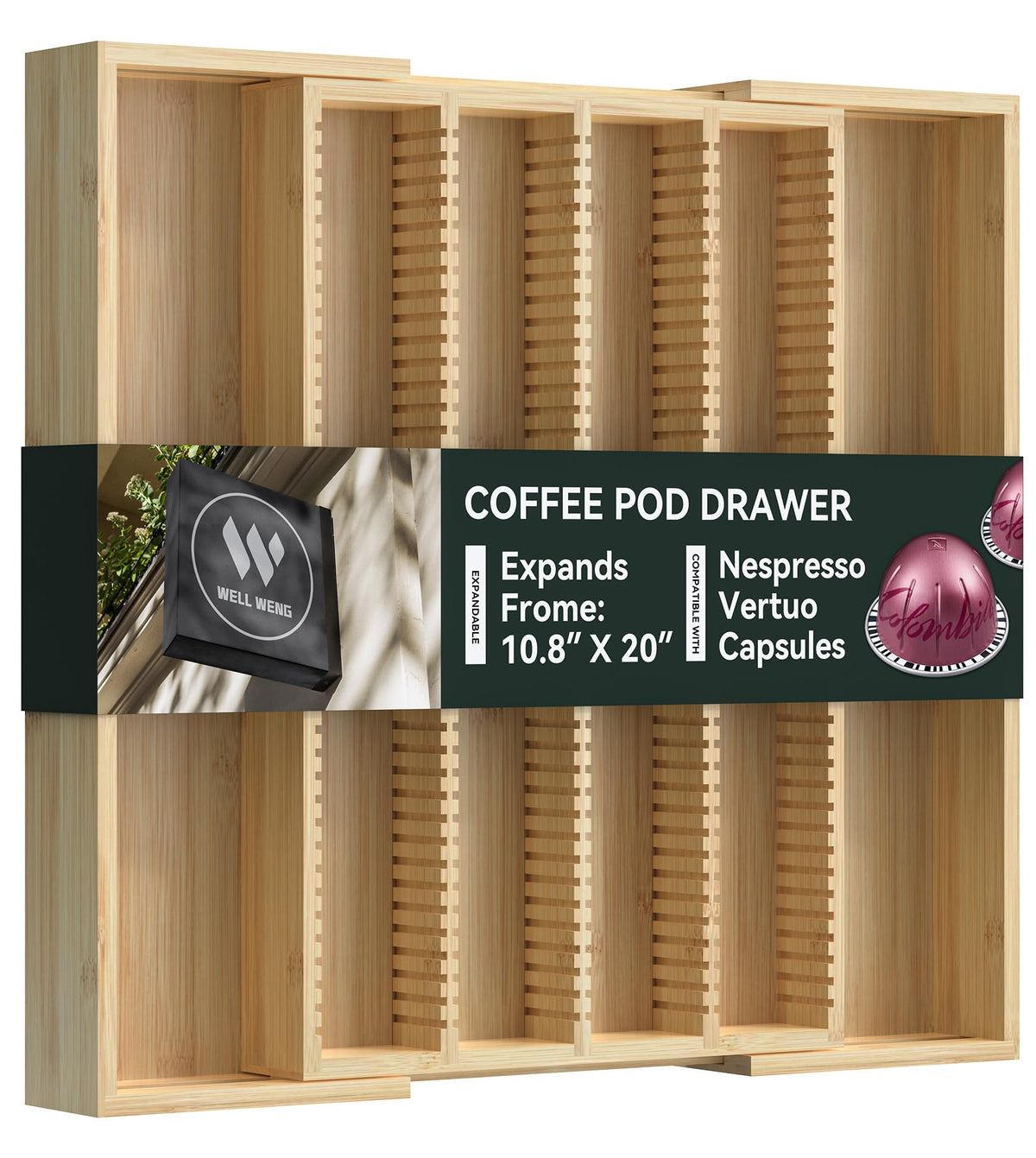 Well Weng organizador de bambú con cajón extendible para cápsulas Vertuo y objetos.