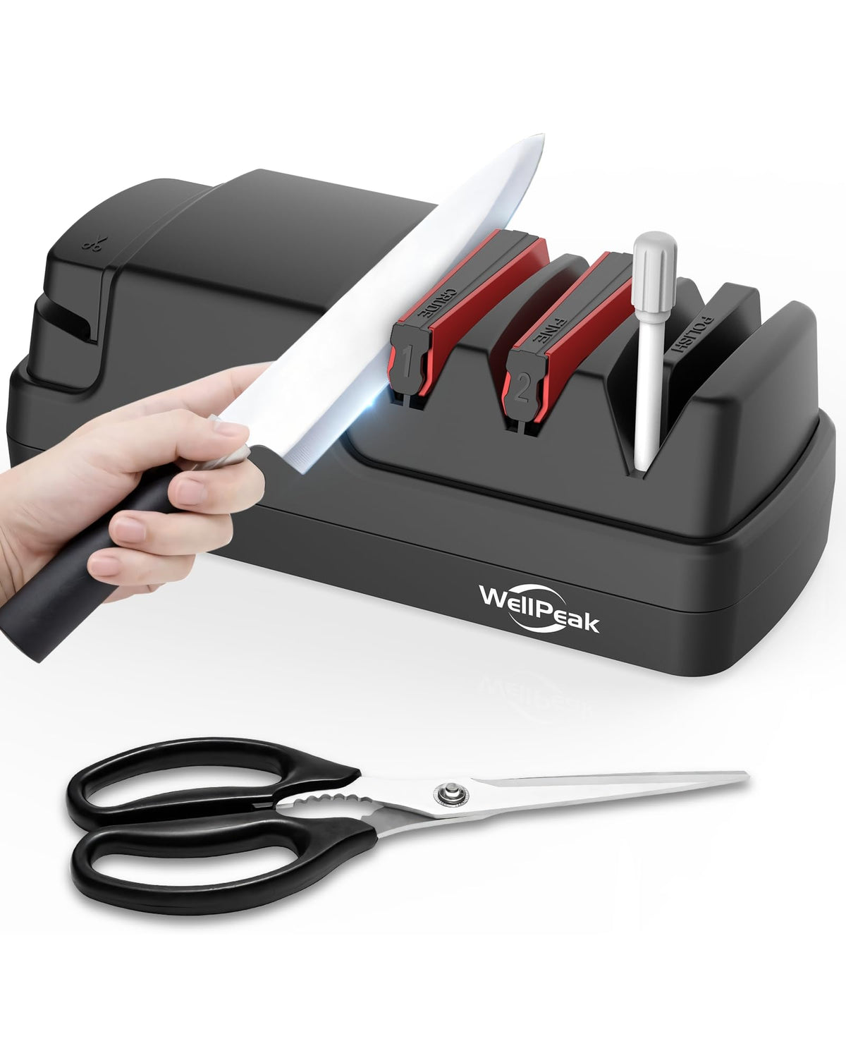 WELLPEAK afilador eléctrico para cuchillos muestra las 4 etapas para un filo profesional.