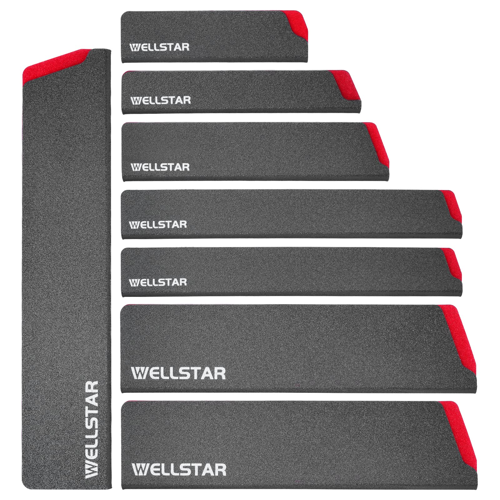 WELLSTAR: protectores de borde para cuchillos, vista del conjunto de 8 piezas, almacenamiento seguro.