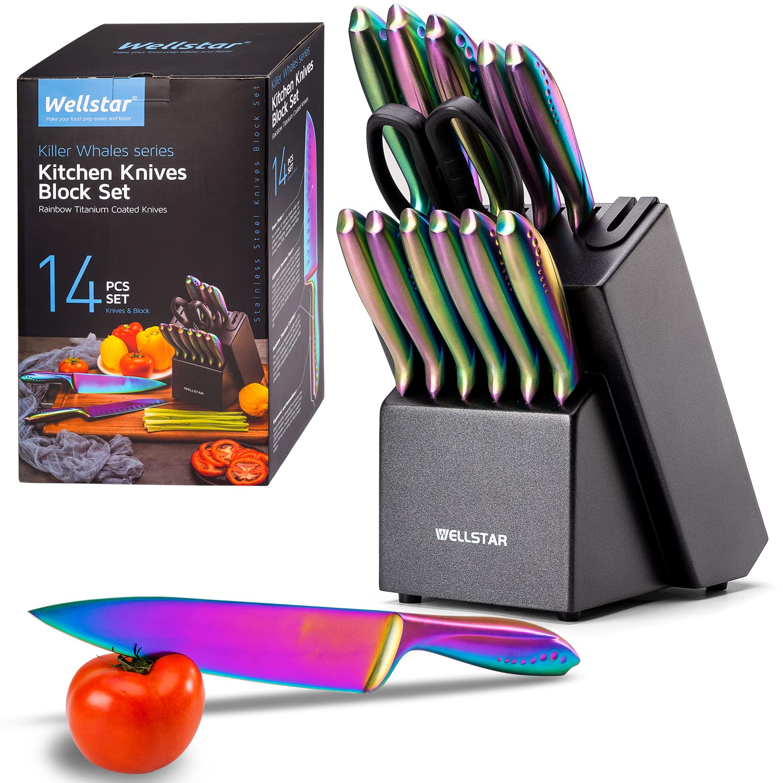 WELLSTAR Rainbow cuchillos en estuche de madera, regalo elegante para cualquier cocina