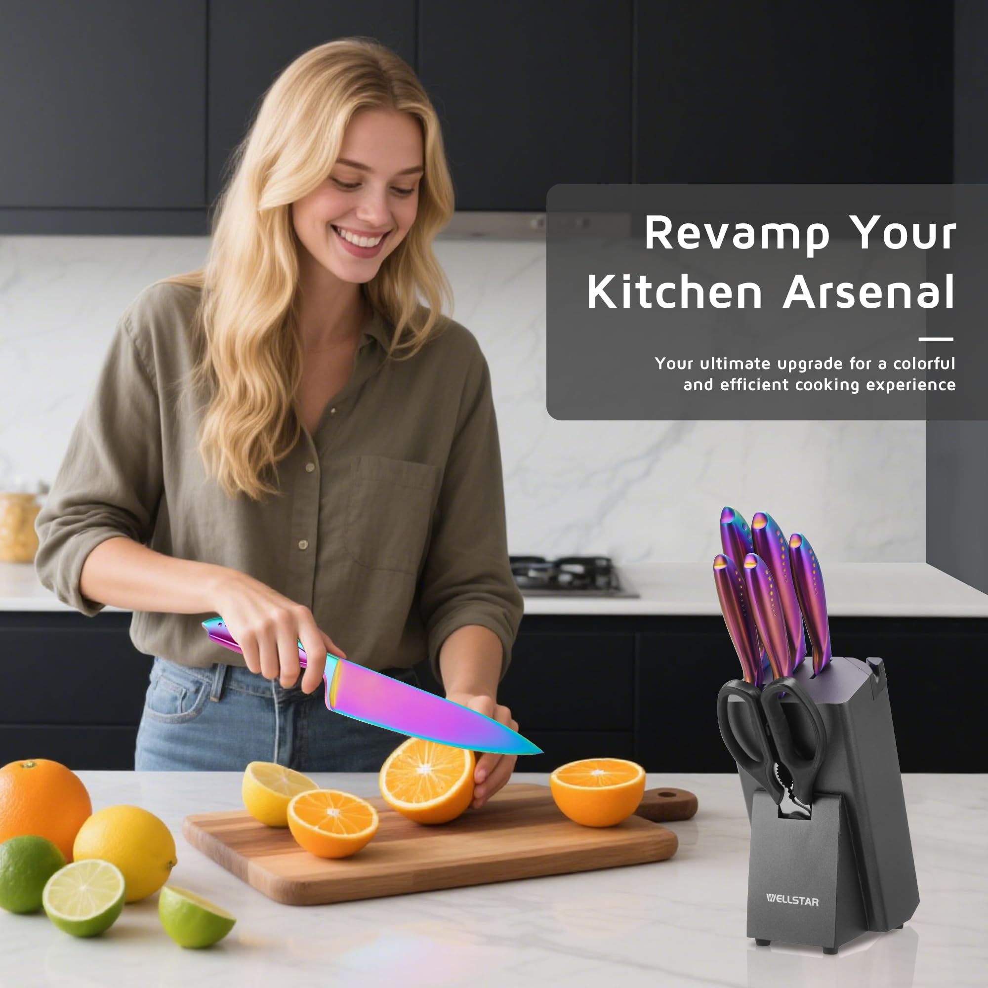 Cuchillo para rebanar WELLSTAR arcoíris de 8 pulgadas, cortes precisos en carnes y verduras.