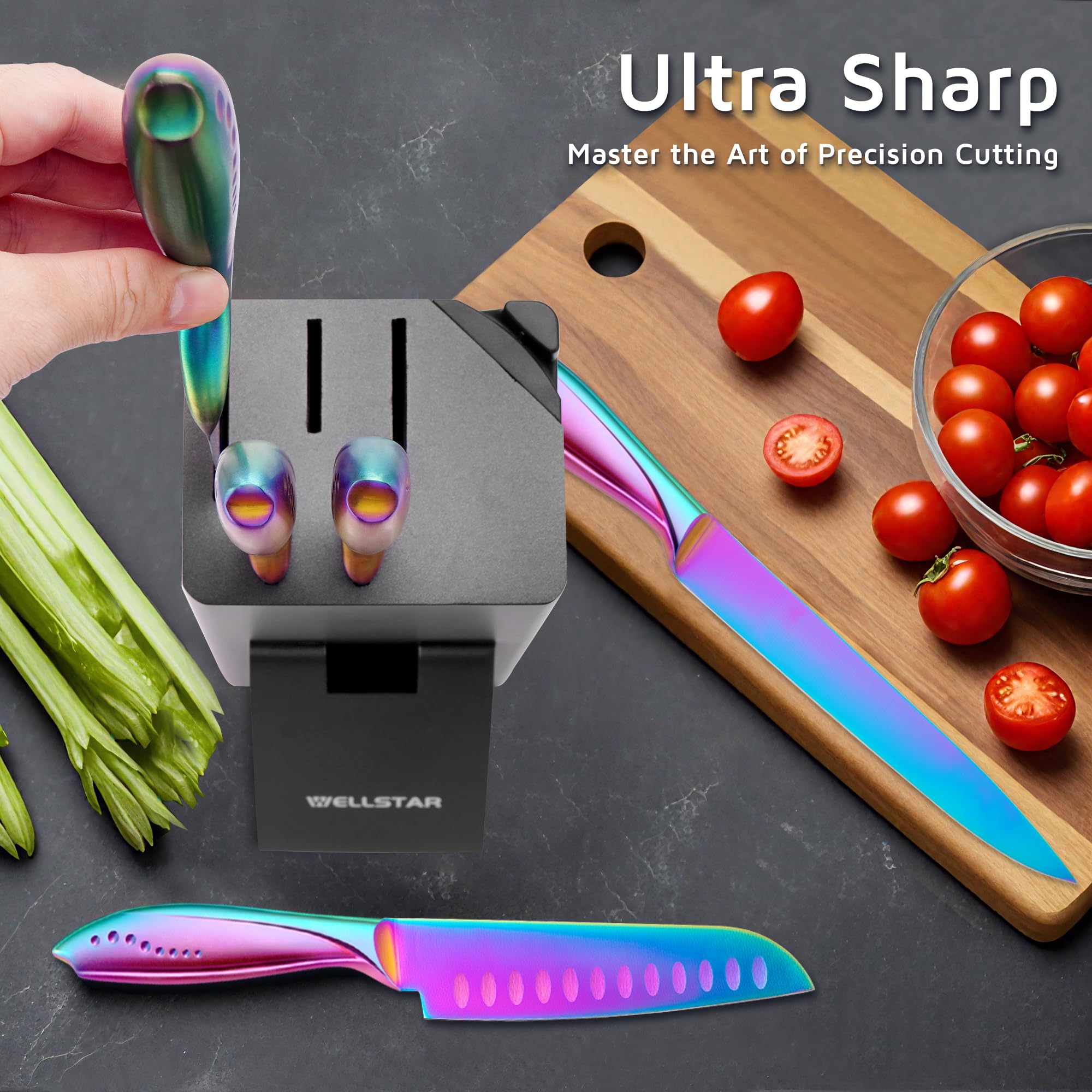 Cuchillo santoku WELLSTAR arcoíris de 5 pulgadas, versátil para picar y cortar.