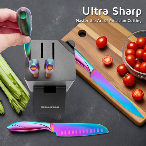 Cuchillo santoku WELLSTAR arcoíris de 5 pulgadas, versátil para picar y cortar.