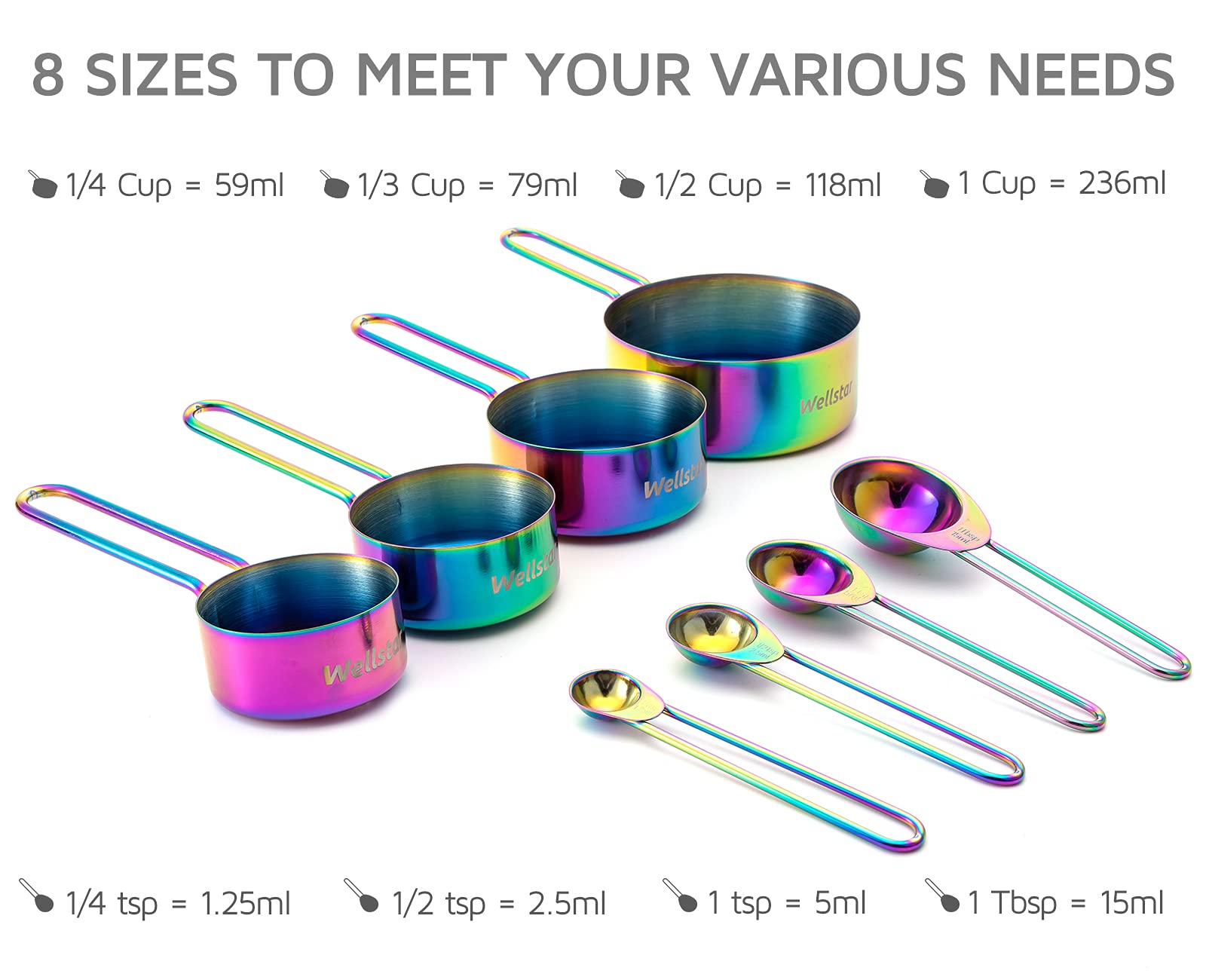WELLSTAR tazas arcoiris titanio: 1 taza para porciones consistentes y horneado estable.