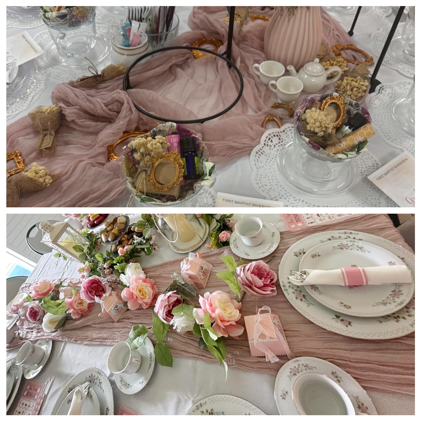 Decoración para mesa y hogar con mantel rosado.