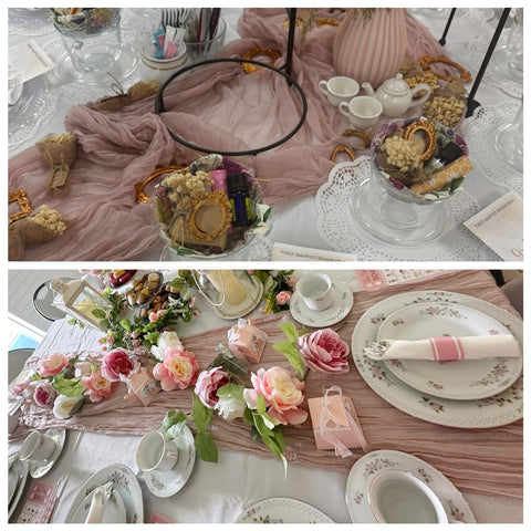 Decoración para mesa y hogar con mantel rosado.