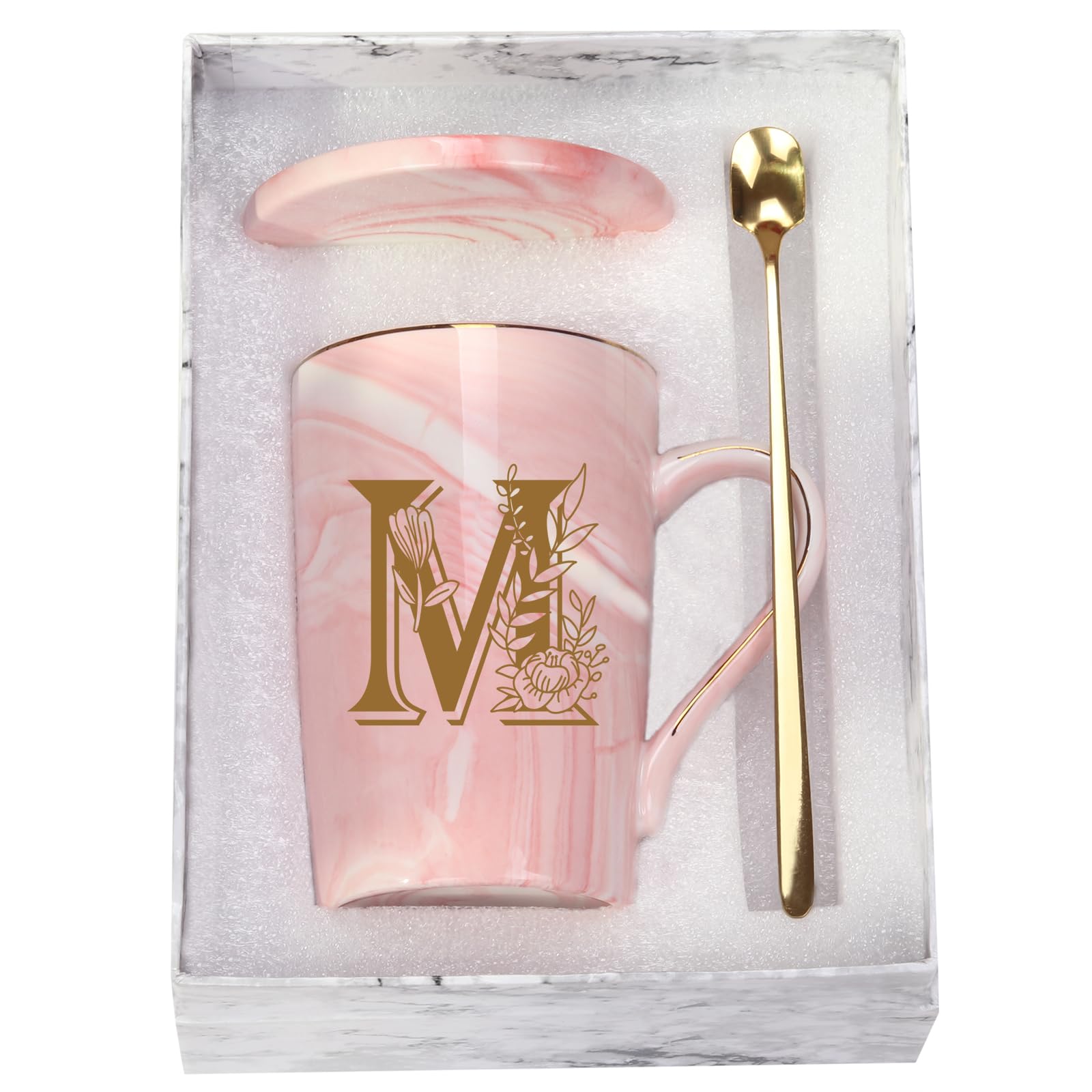 Taza WENSSY cerámica con letra M y flor ideal para empezar la mañana