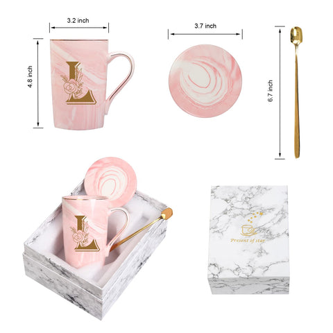 Taza de cerámica WENSSY letra L flor rosa, regalo elegante.