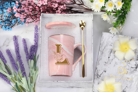 Taza de 14 onzas WENSSY inicial L flor rosa, regalo para mujer.