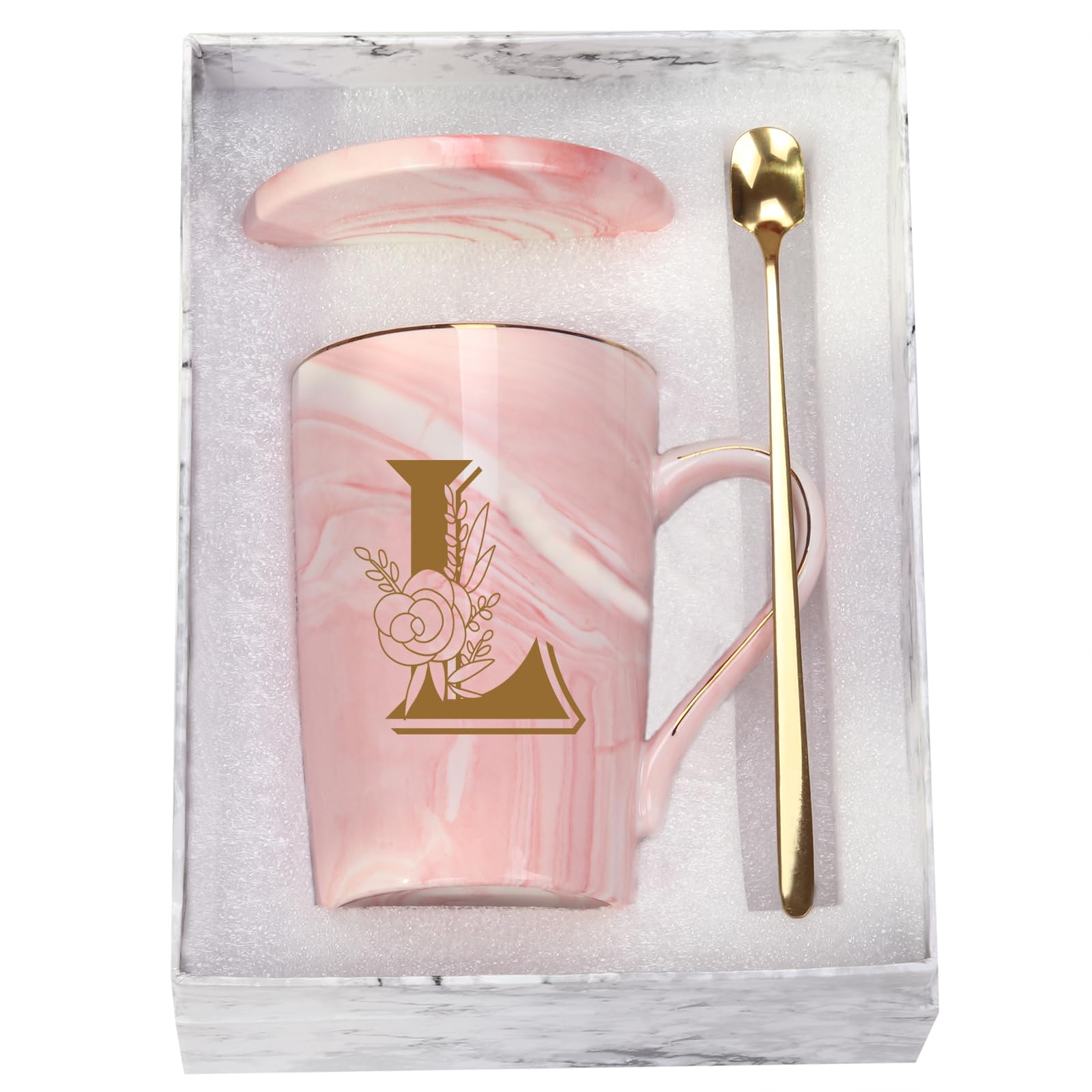 Taza WENSSY letra L con flor rosa, perfecta para empezar el día.
