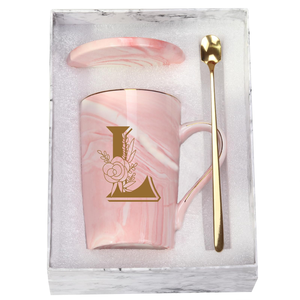Taza WENSSY letra L con flor rosa, perfecta para empezar el día.