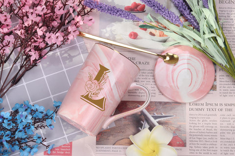 Taza WENSSY inicial L con flor rosa, regalo para novia.