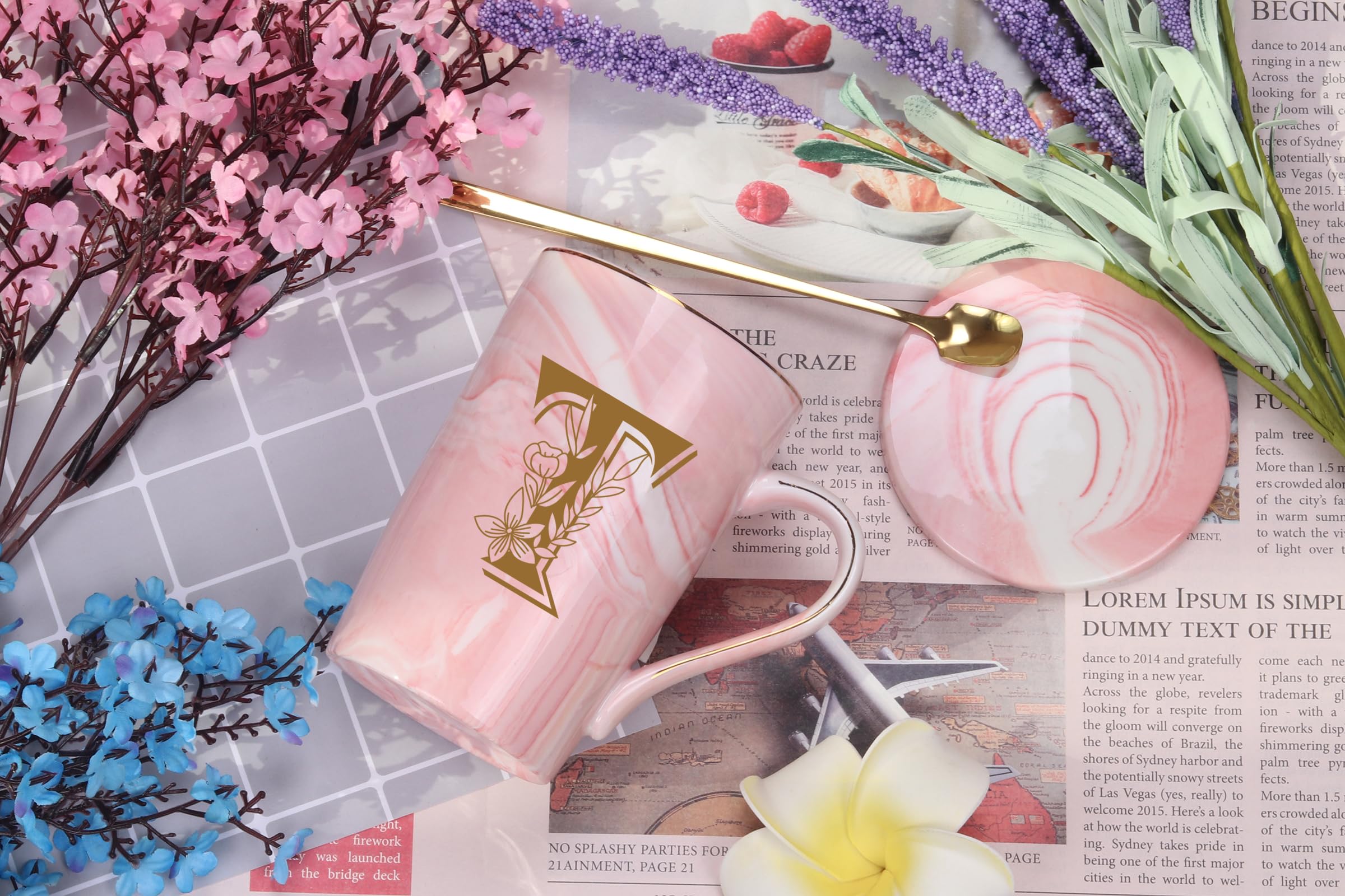 Taza rosa de WENSSY con oro real, 14 onzas, ideal para calma.