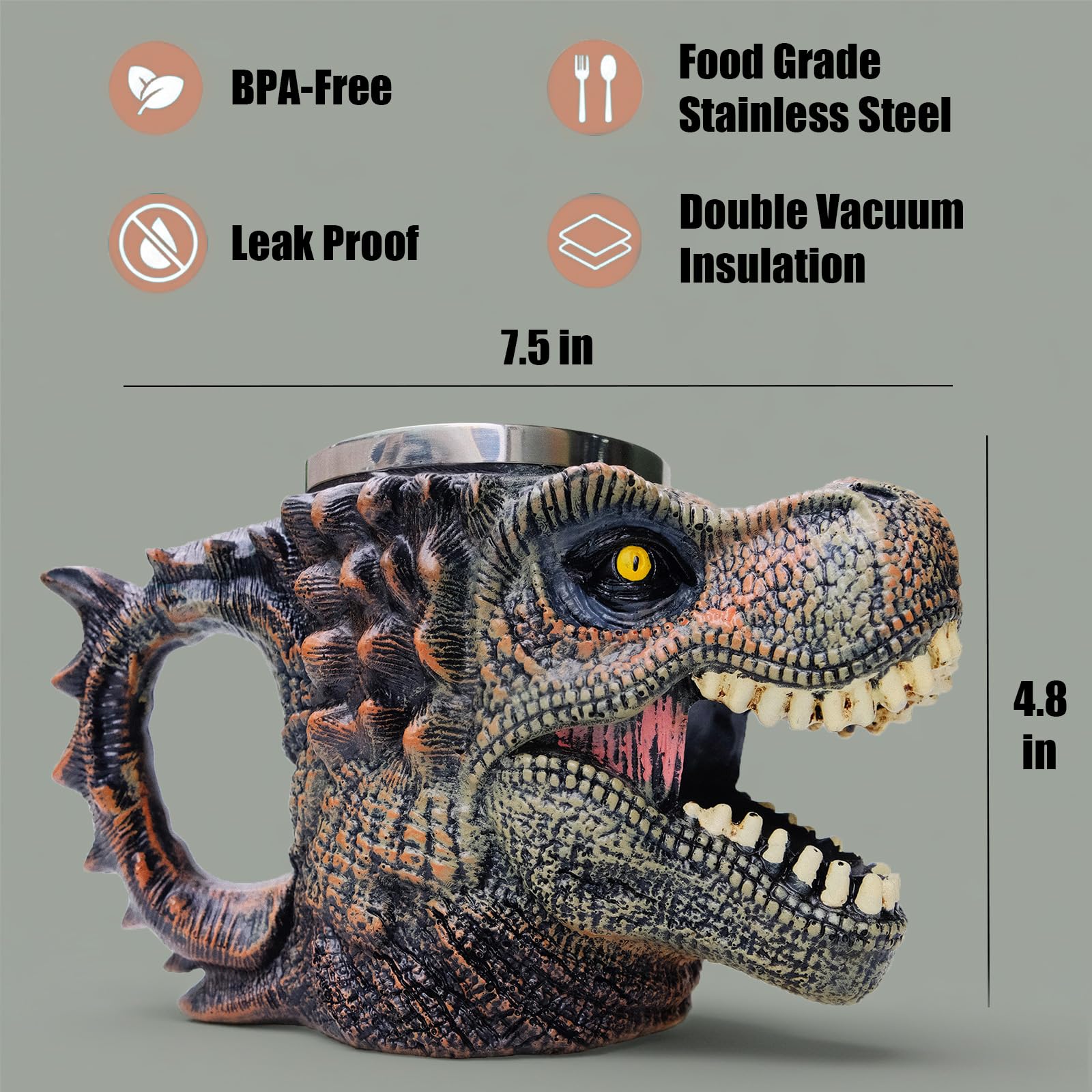 WEORGANIZE T‑Rex mug aislamiento-pared-doble, mantiene caliente por más tiempo