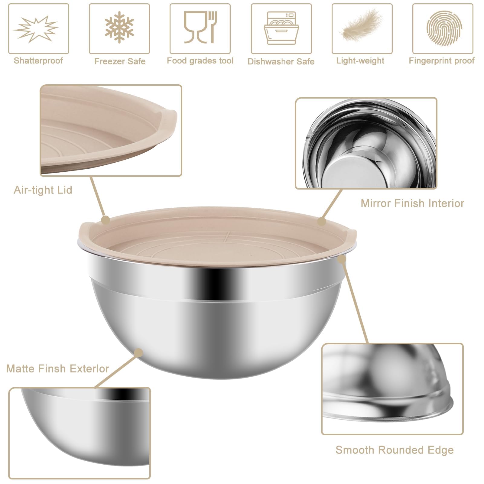 WEPSEN bol de mezcla khaki 1.5qt con tapa, almacenamiento práctico