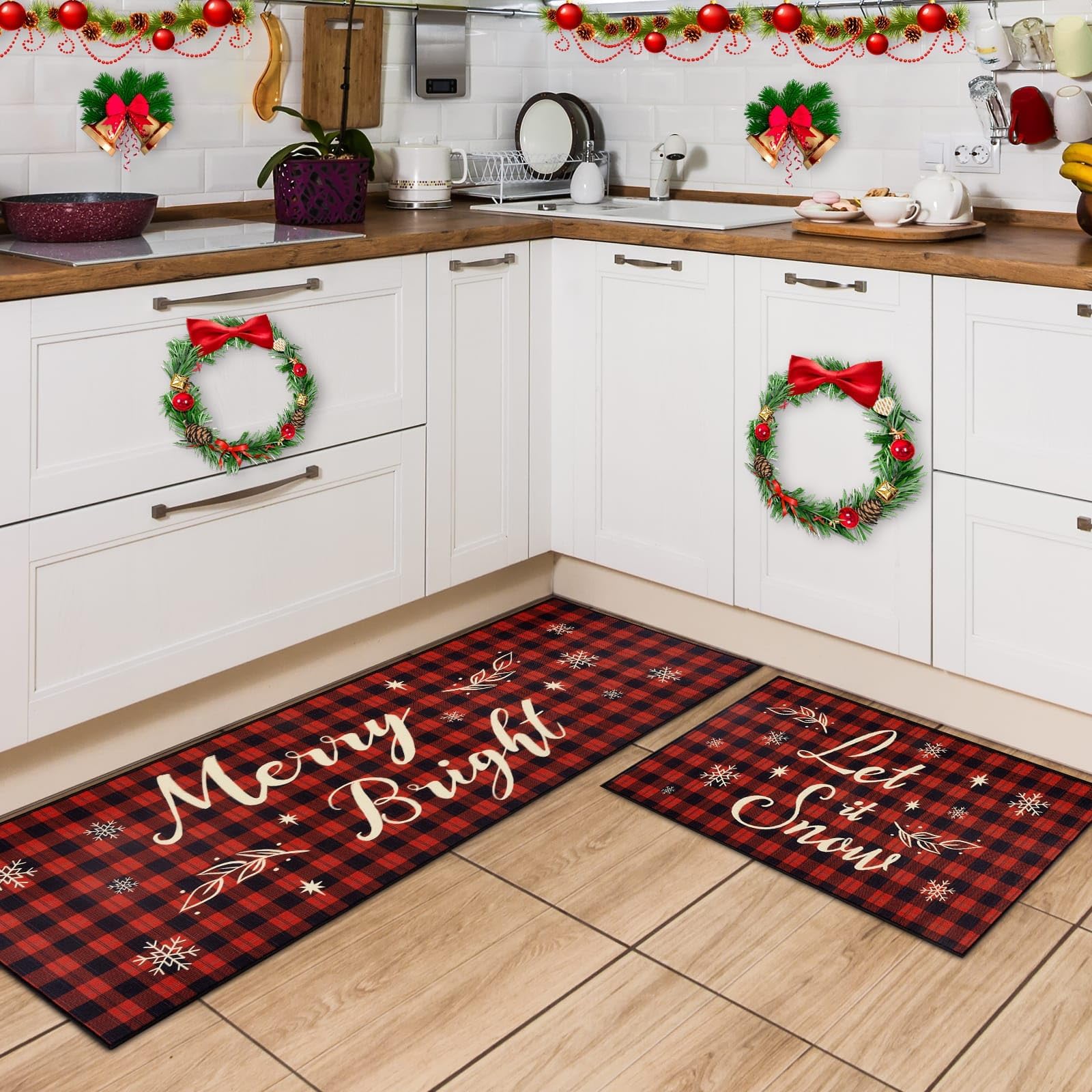 Alfombra WERNNSAI para cocina, diseño rojo de cuadros, ideal para decorar y absorber derrames.