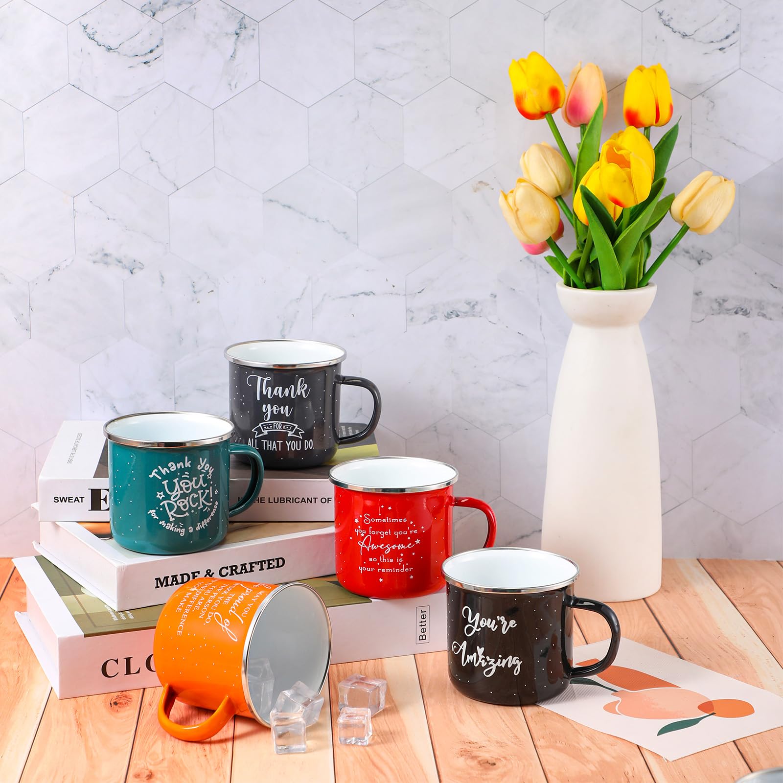 Taza Wesiti enamel 12oz azul oscuro con mensaje inspirador para coworkers