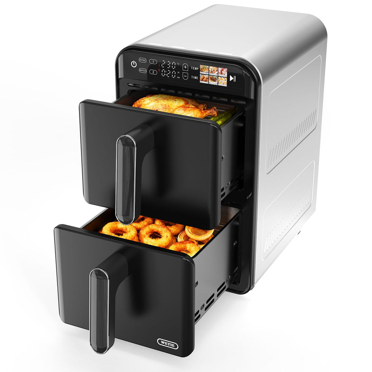 Freidora WETIE con diseño vertical de doble cestillo para cocinar varias preparaciones a la vez