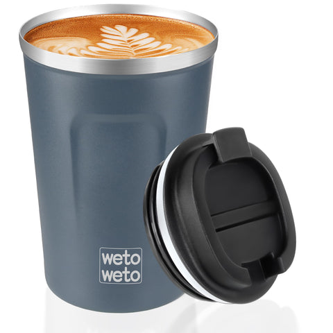 Taza WETOWETO 12oz con tapa rosca, ideal para viajes sin derrames.