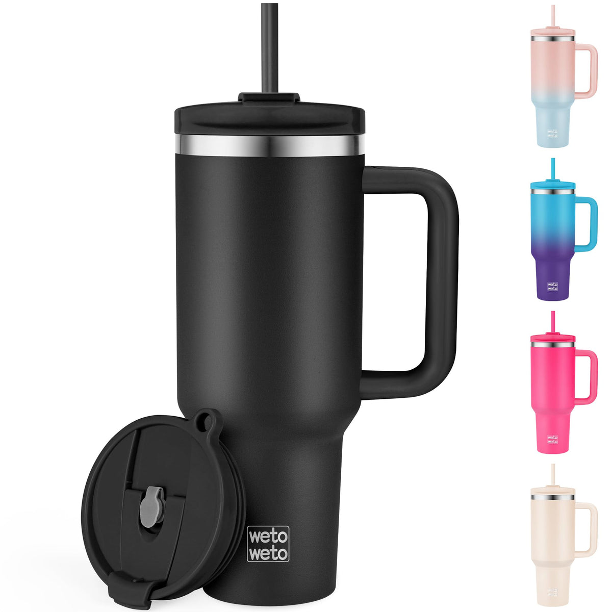 Vaso aislante Wetoweto 40oz con tapa evita derrames, ideal para bolsos.