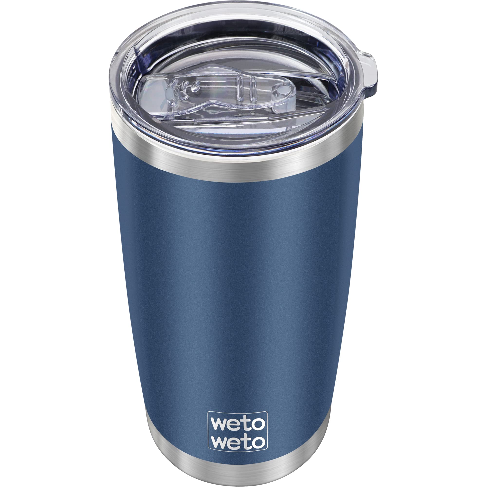 Vaso térmico WETOWETO frente azul marino, mantiene bebidas a temperatura por horas.