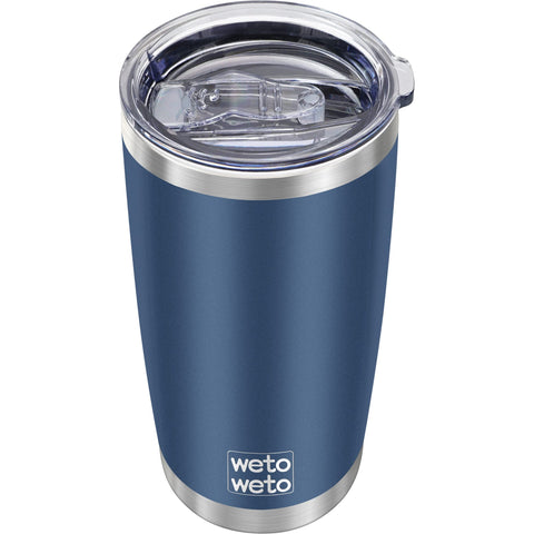 Vaso térmico WETOWETO frente azul marino, mantiene bebidas a temperatura por horas.