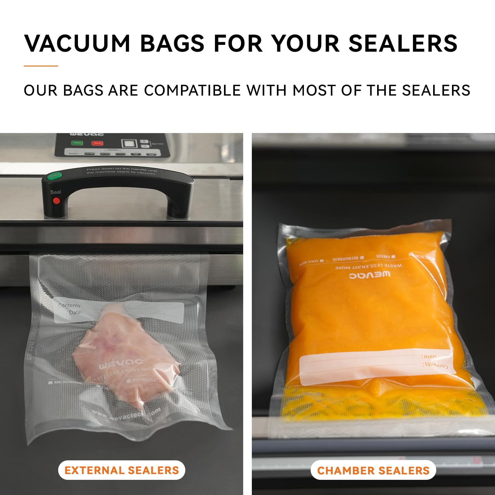 Wevac bolsas bloque líquido para sellado sin fugas, ideales para salsas y caldos.