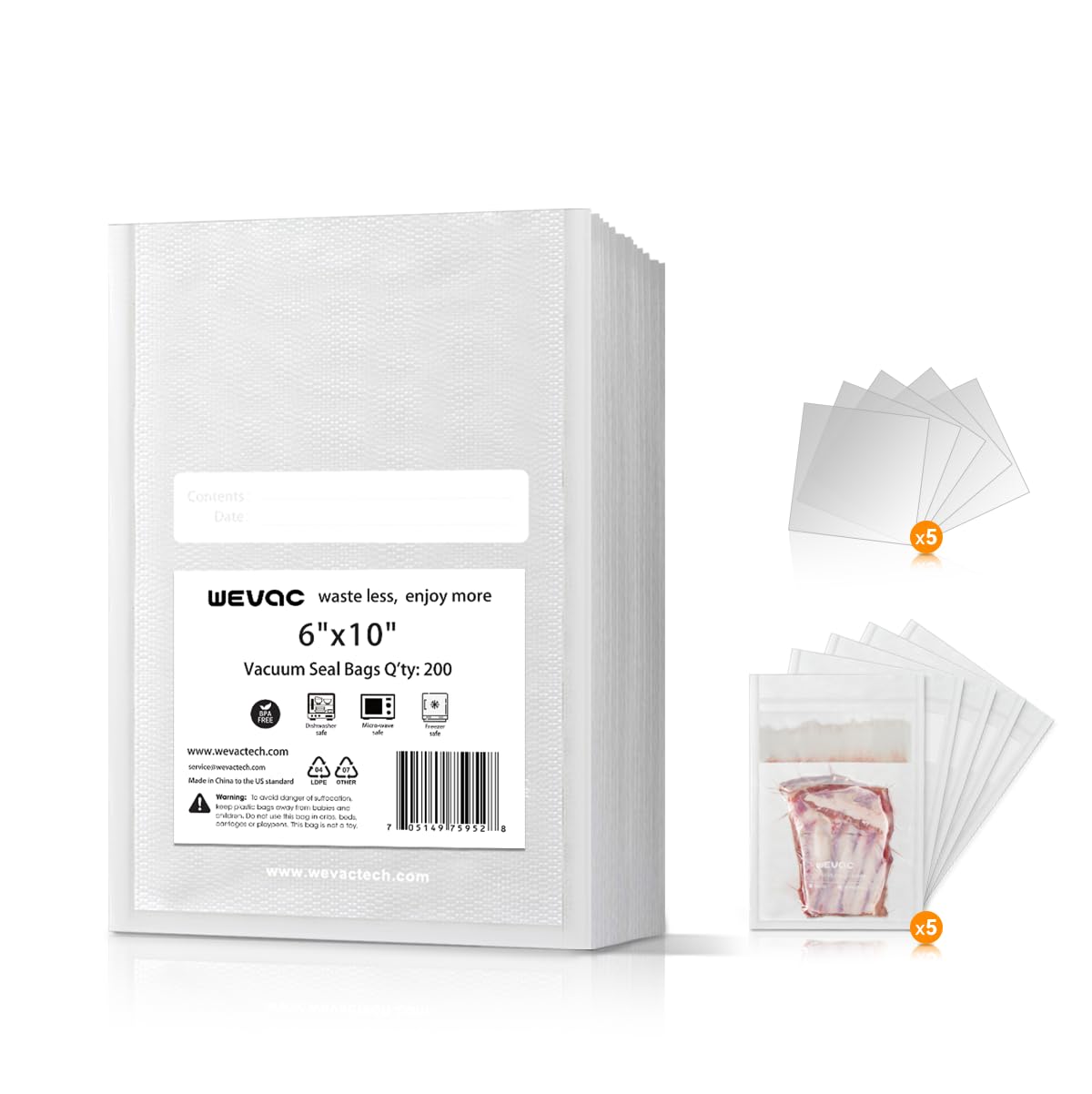 Wevac bolsas de vacío precortadas 6x10 para almacenamiento prolongado de alimentos.
