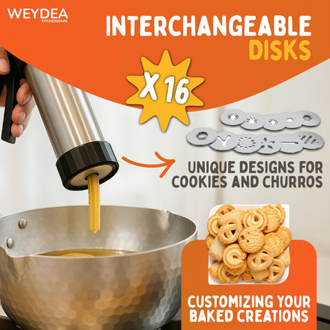  WEYDEA Churro Maker 4-en-1 discos intercambiables de 16, formas variadas.