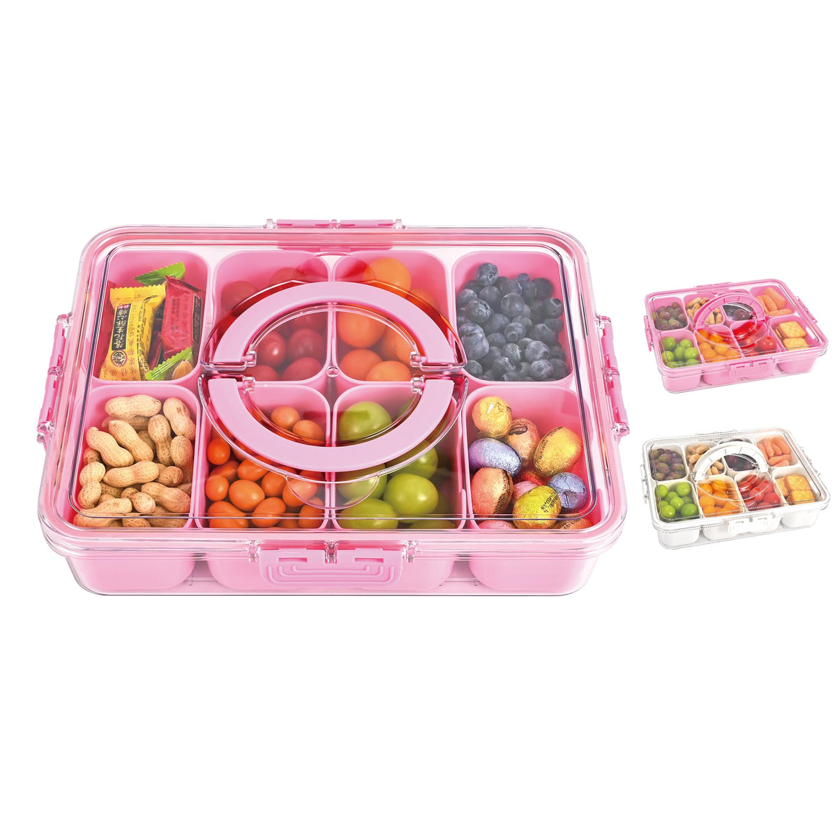 WGBP Snack Box con 8 compartimentos y tapa rosa para snacks organizados.