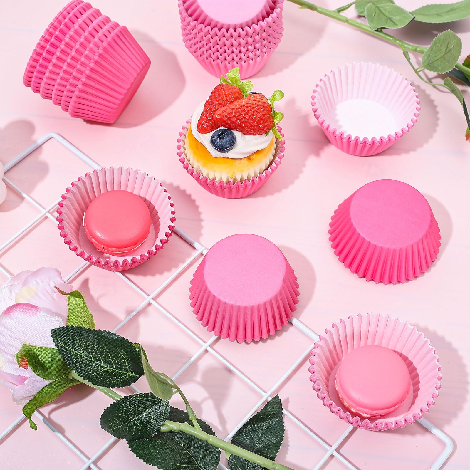 Whaline empaque de bases para cupcakes rosa, listo para eventos.