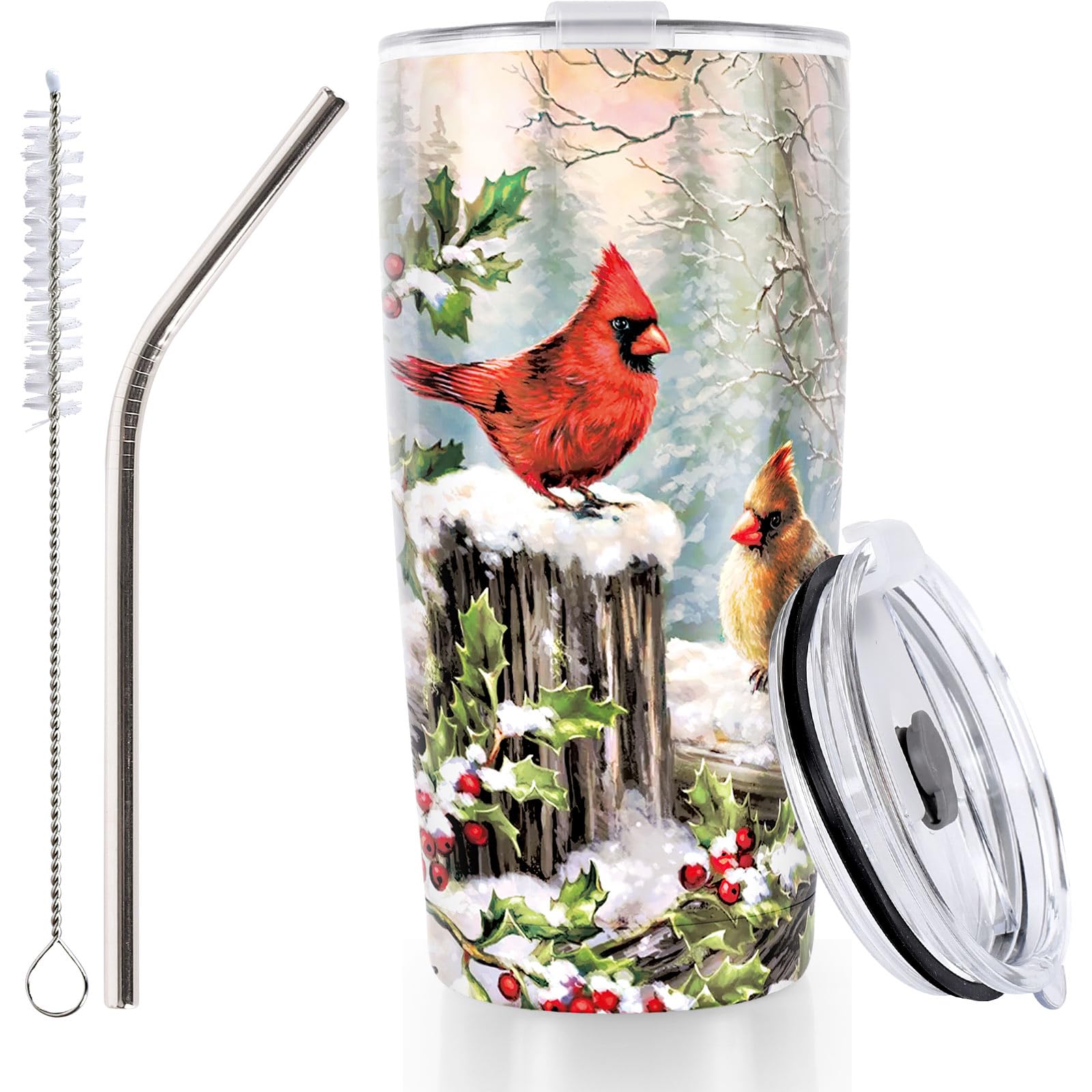 Whaline vaso termico con cardenal en acuarela, ideal para bebidas frías o calientes.