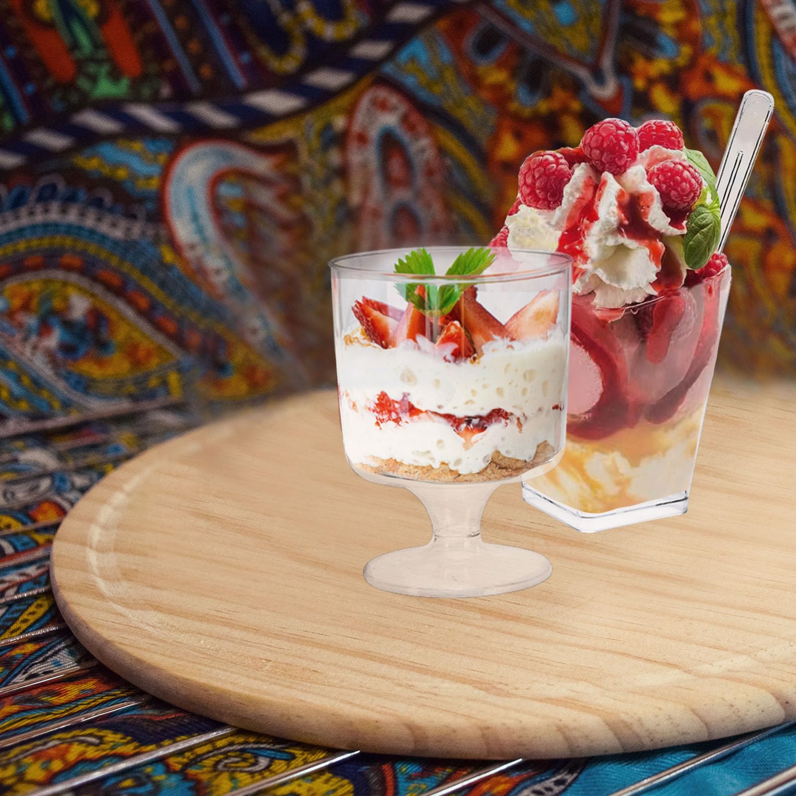 Whaline vasos postre en plástico claro: resisten uso prolongado en fiestas.