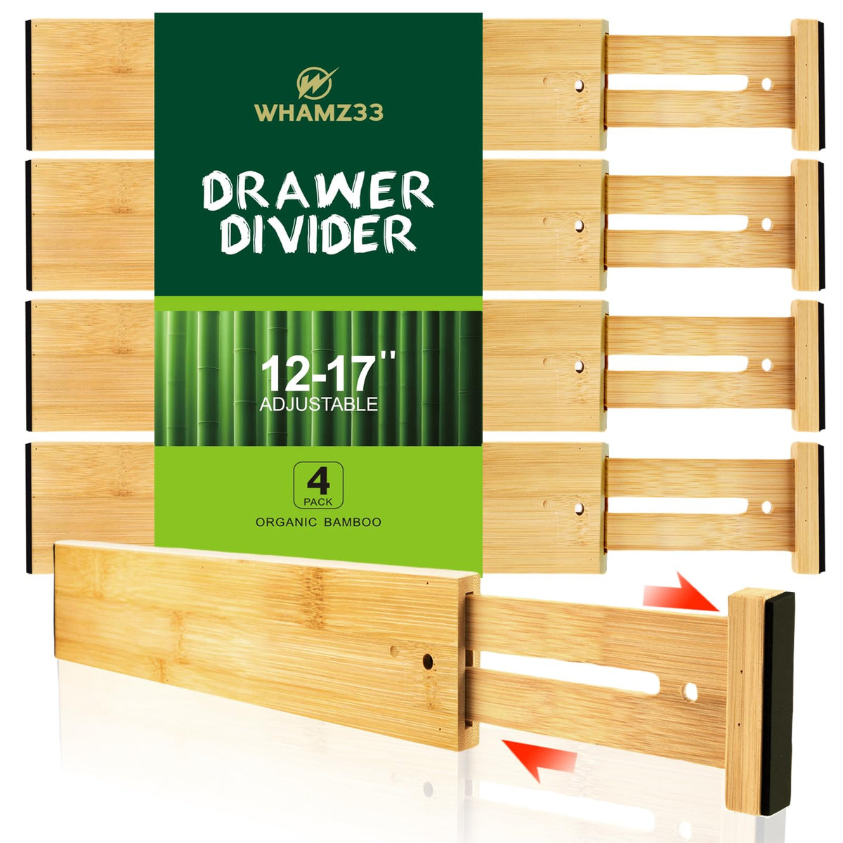 Divisores WHAMZ33 W para cajón ajustables en bambú, ideal para organizar utensilios.