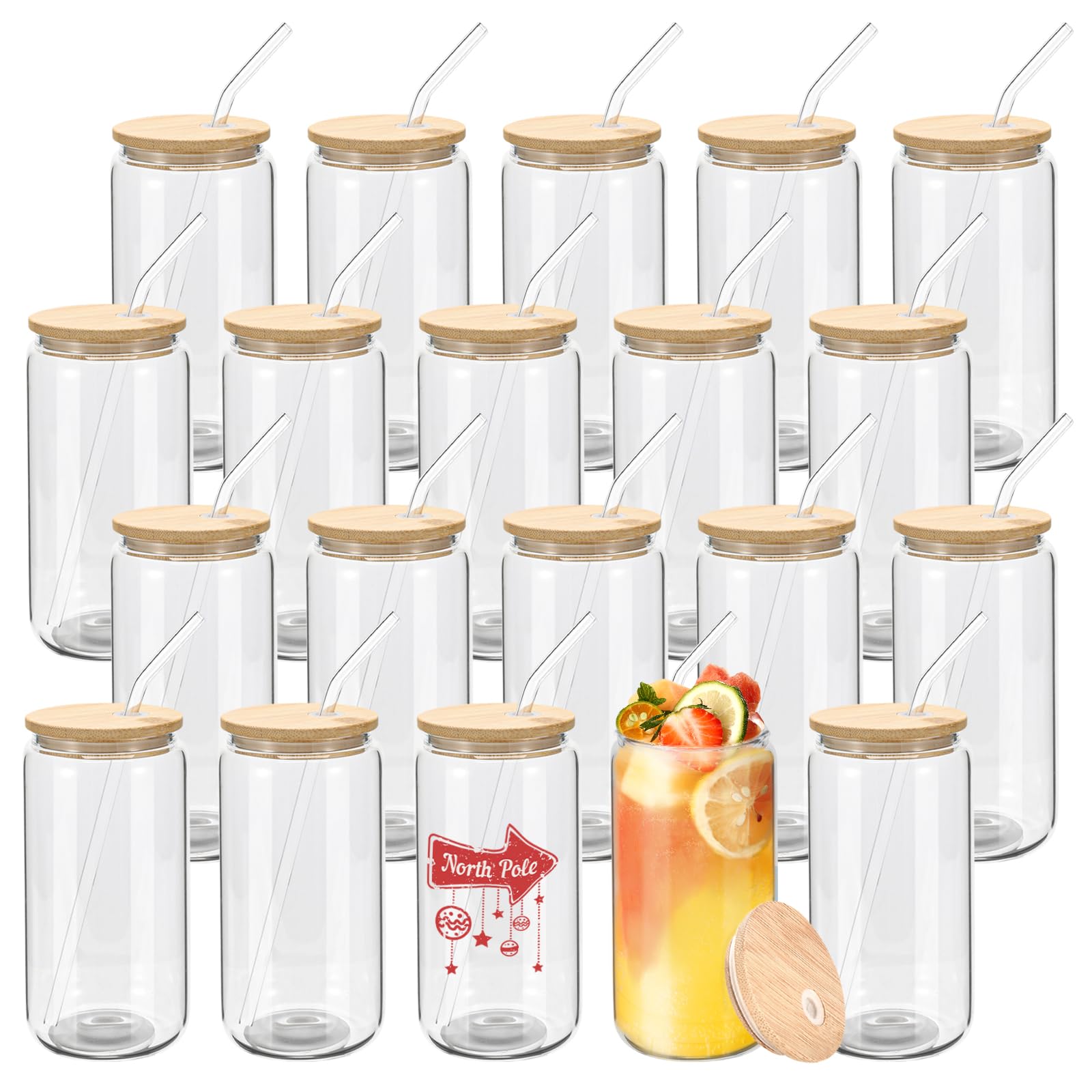Vasos Wheathusk de vidrio 16 oz con tapas de bambú, ideales para bebidas frías con estilo.