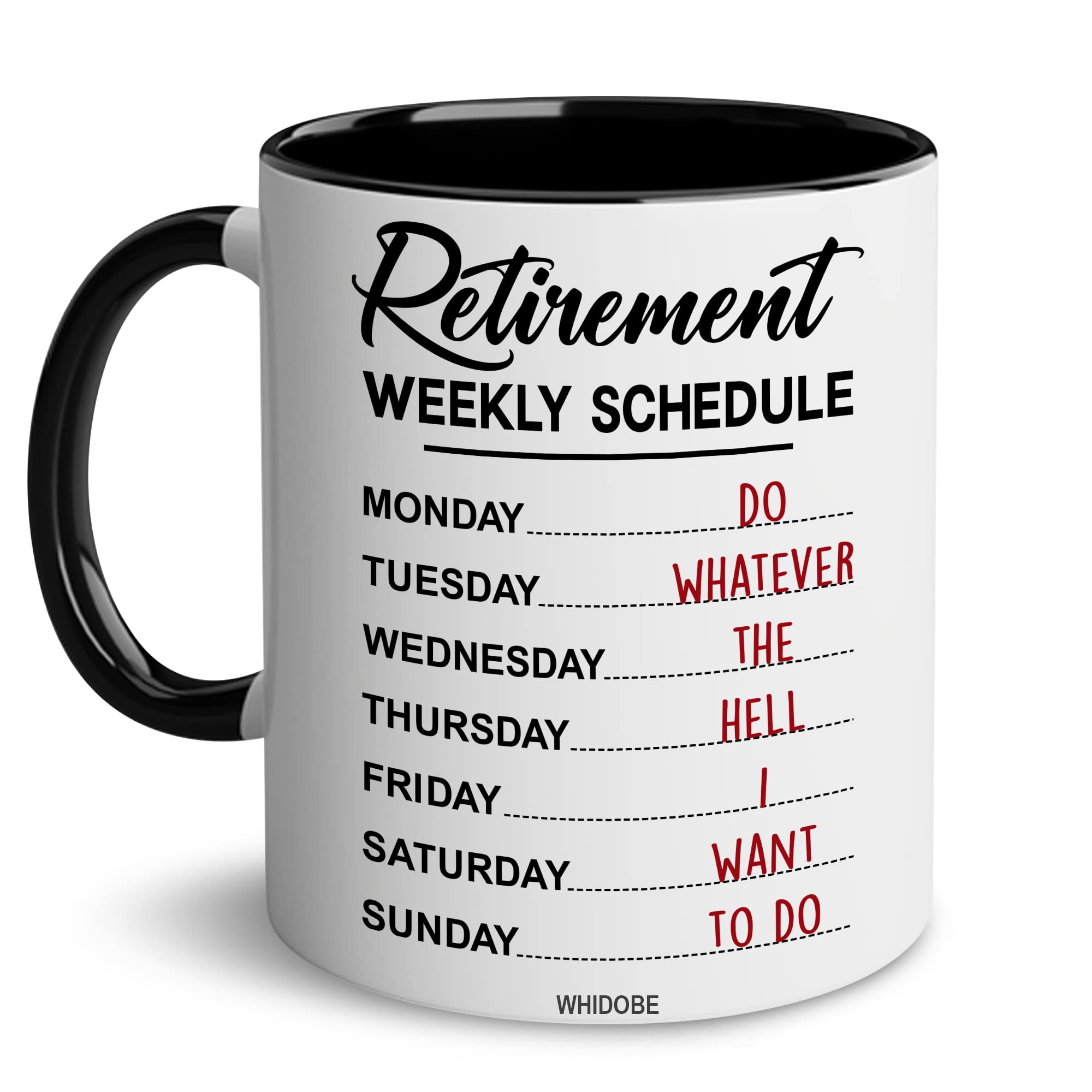 Whidobe taza de jubilación en oficina con calendario, ideal para planificar su nuevo ritmo.