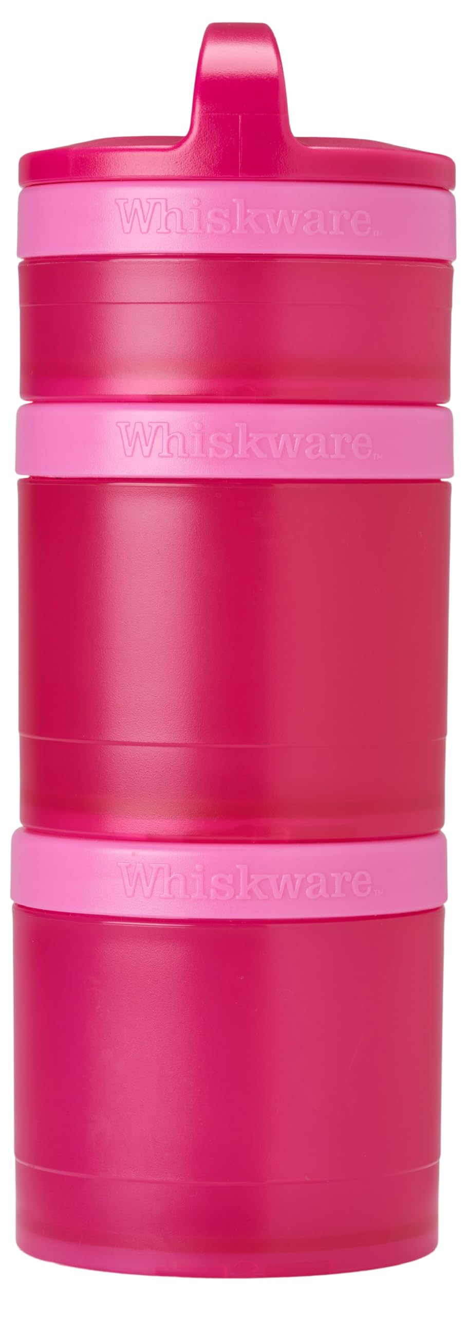 Whiskware vista frontal del set rosa mostrando tres recipientes apilables y portátil