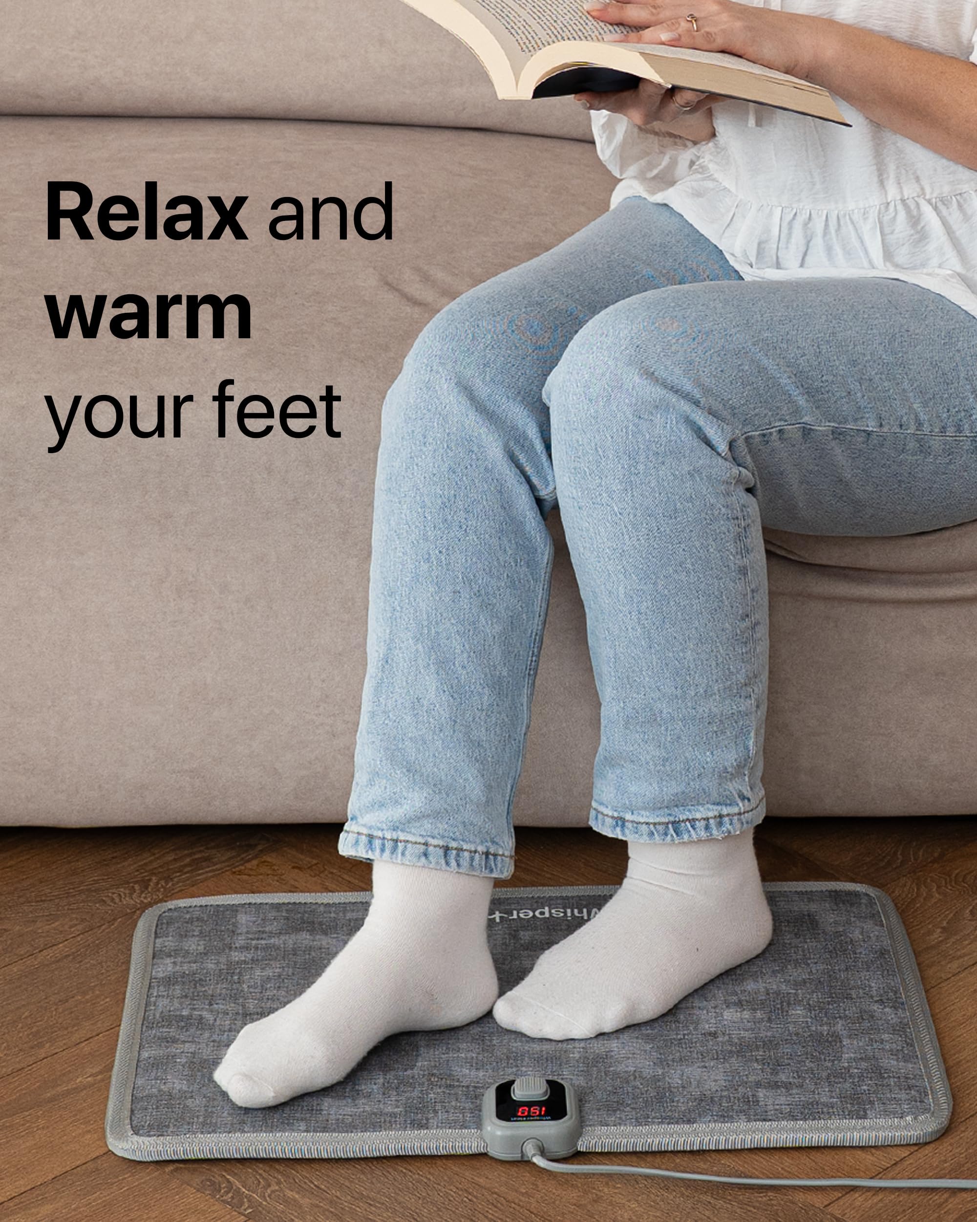 WHISPERHEAT ofrece calor silencioso y constante para pies cansados en casa