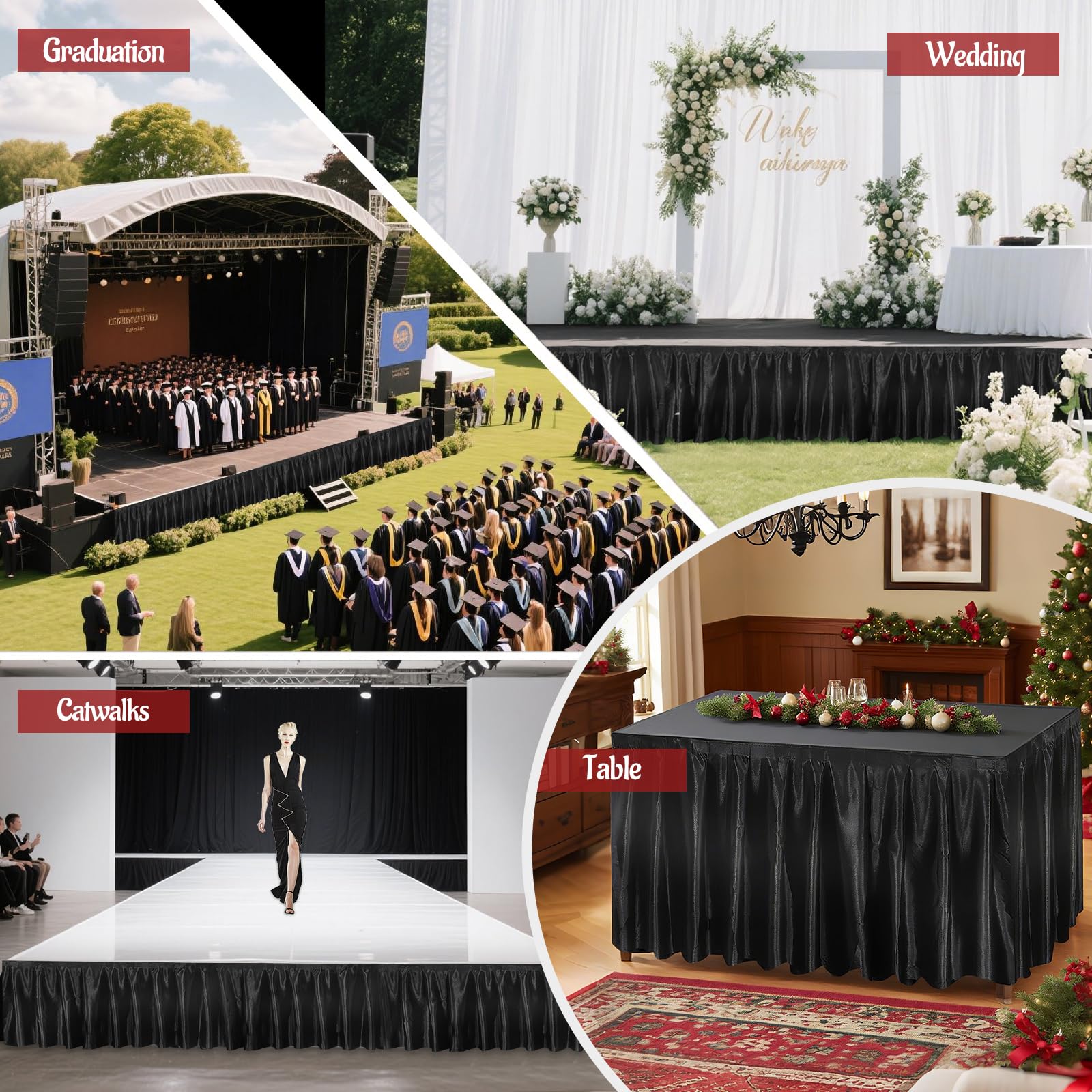 Faldón Wibeelee versátil para eventos: compatible con escenarios, pasarelas y presentaciones.
