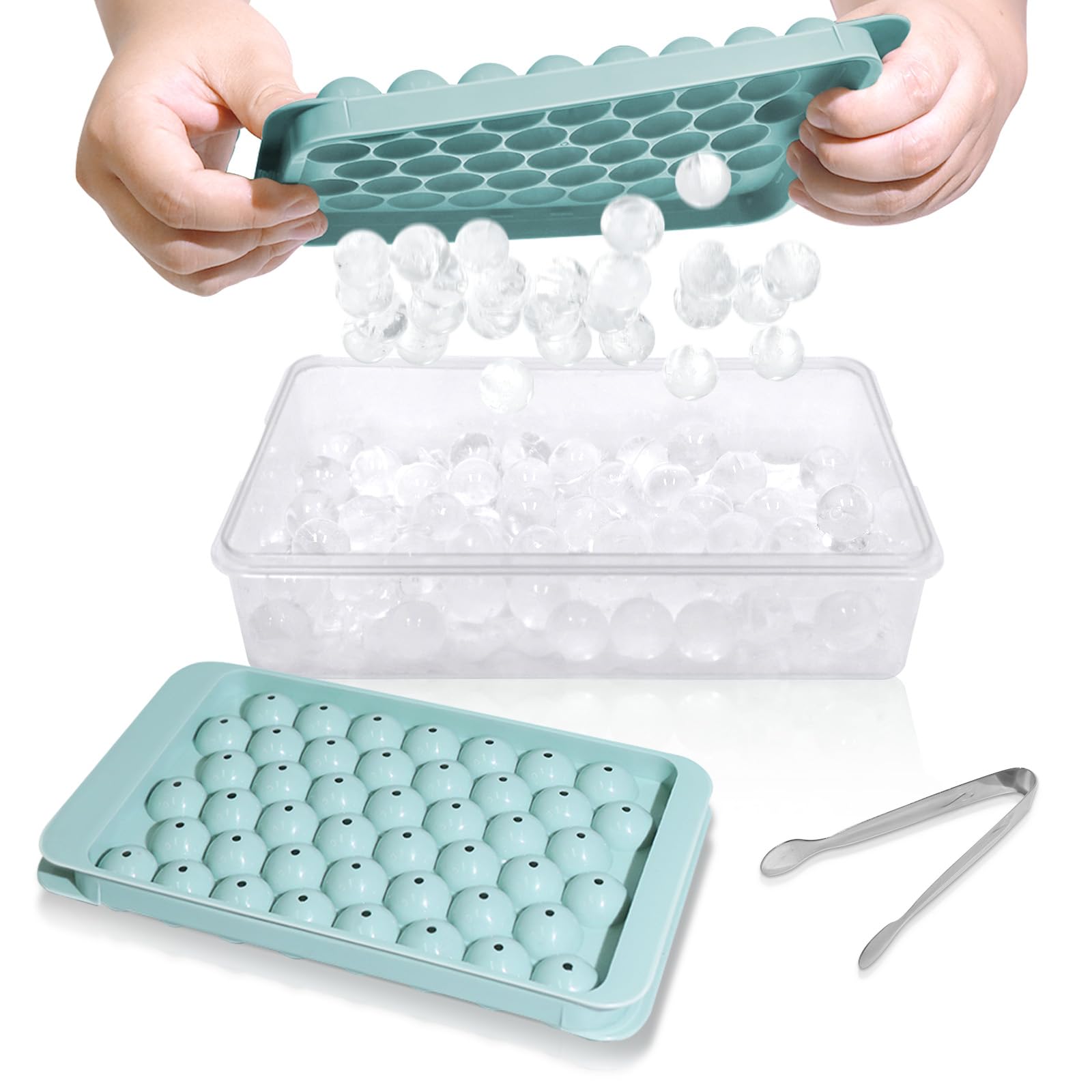 Bandeja WIBIMEN de hielo redonda con tapa azul: desmoldeo fácil y almacenamiento compacto.