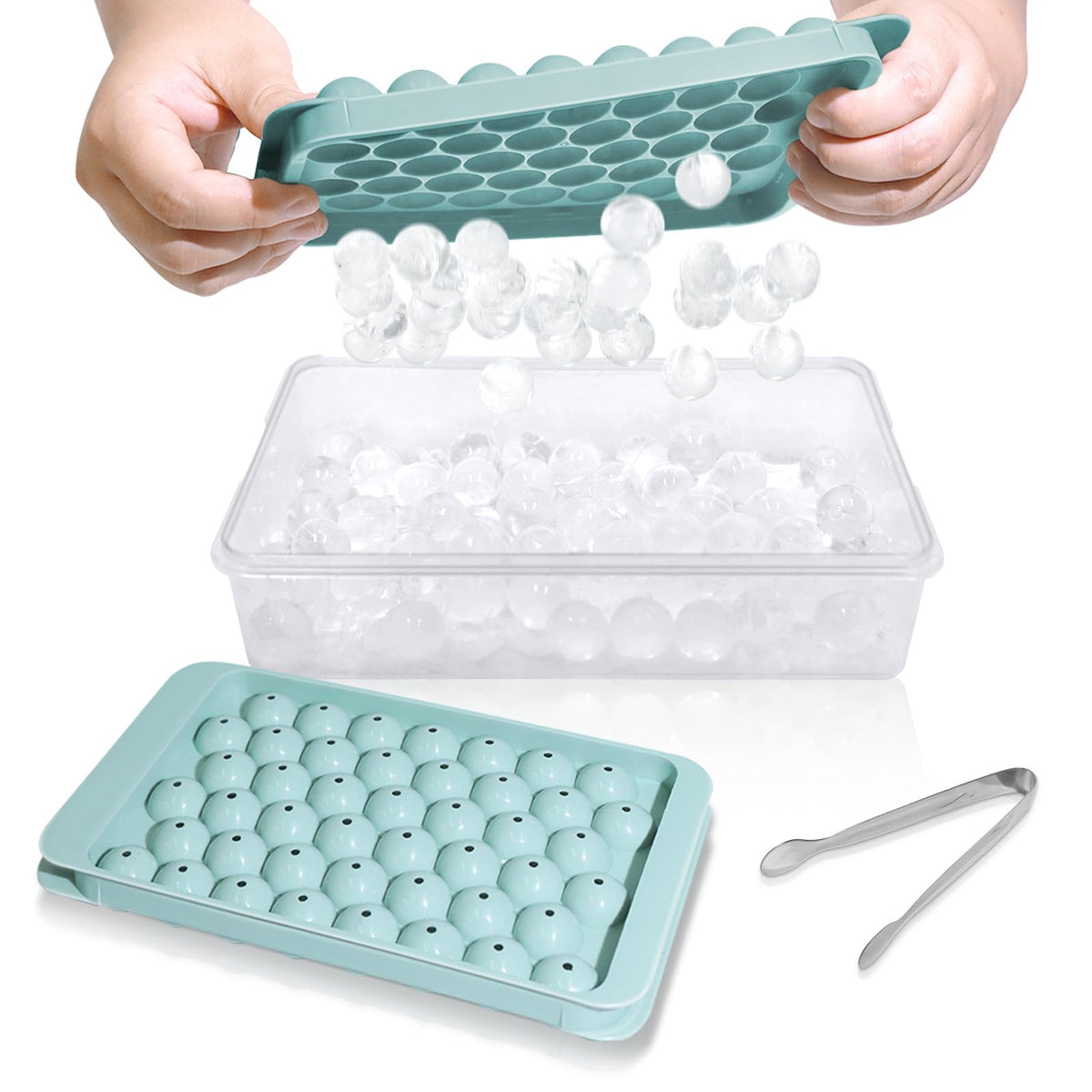 Bandeja WIBIMEN de hielo redonda con tapa azul: desmoldeo fácil y almacenamiento compacto.