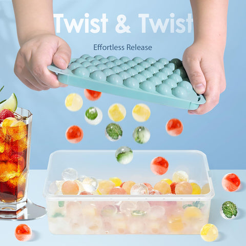 Cubo de hielo WIBIMEN redondo con tapa azul: fácil desmoldeo y enfriamiento rápido.
