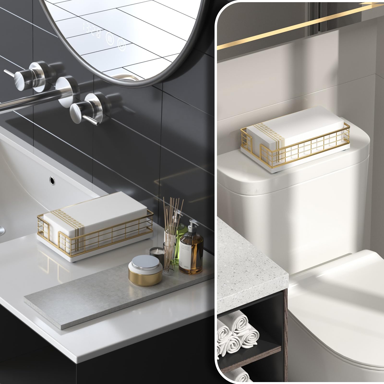 Wican bandeja para toallas de invitados, madera y hierro, elegante y estable.