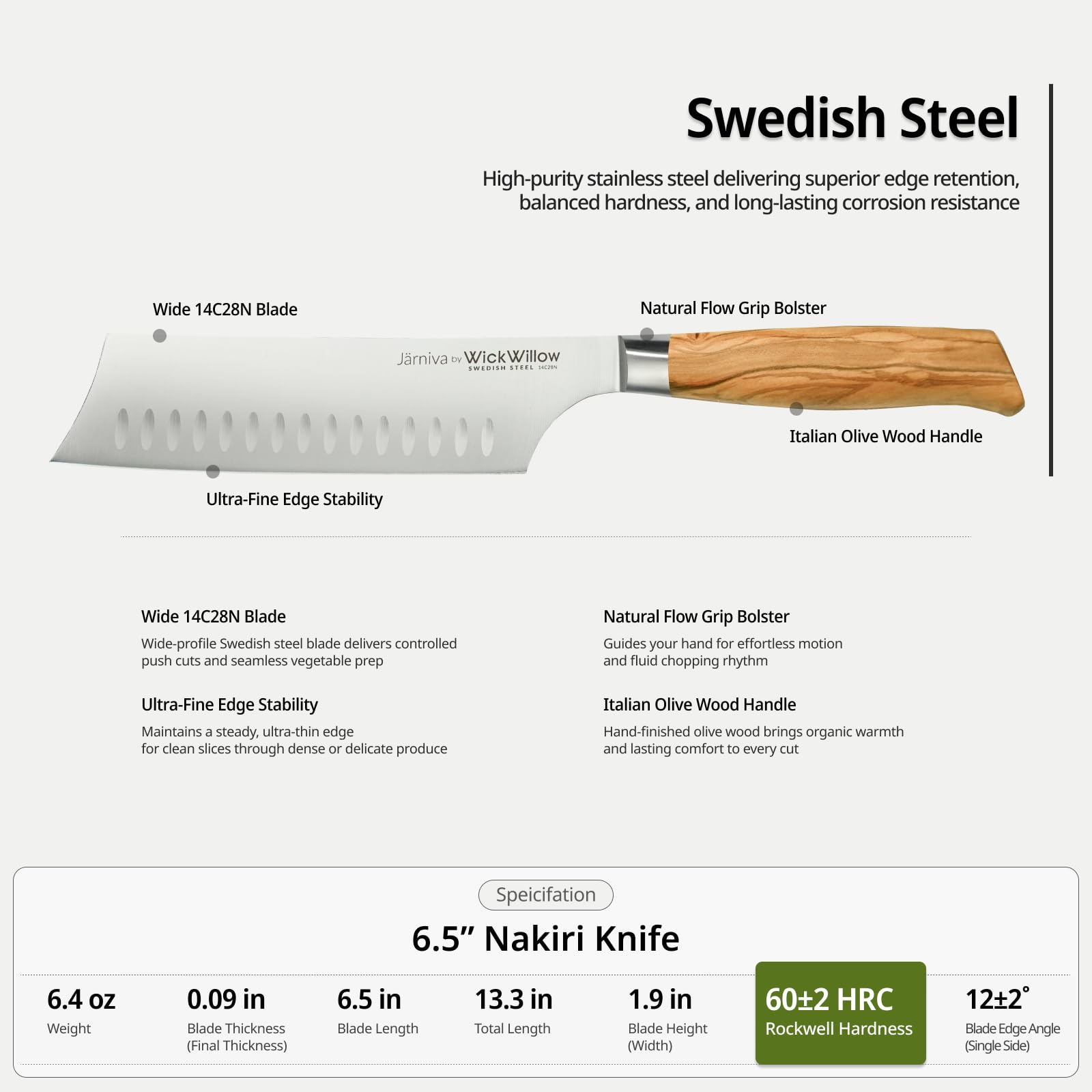 Nakiri Wickwillow con mango de olivo italiano, agarre cómodo y estable