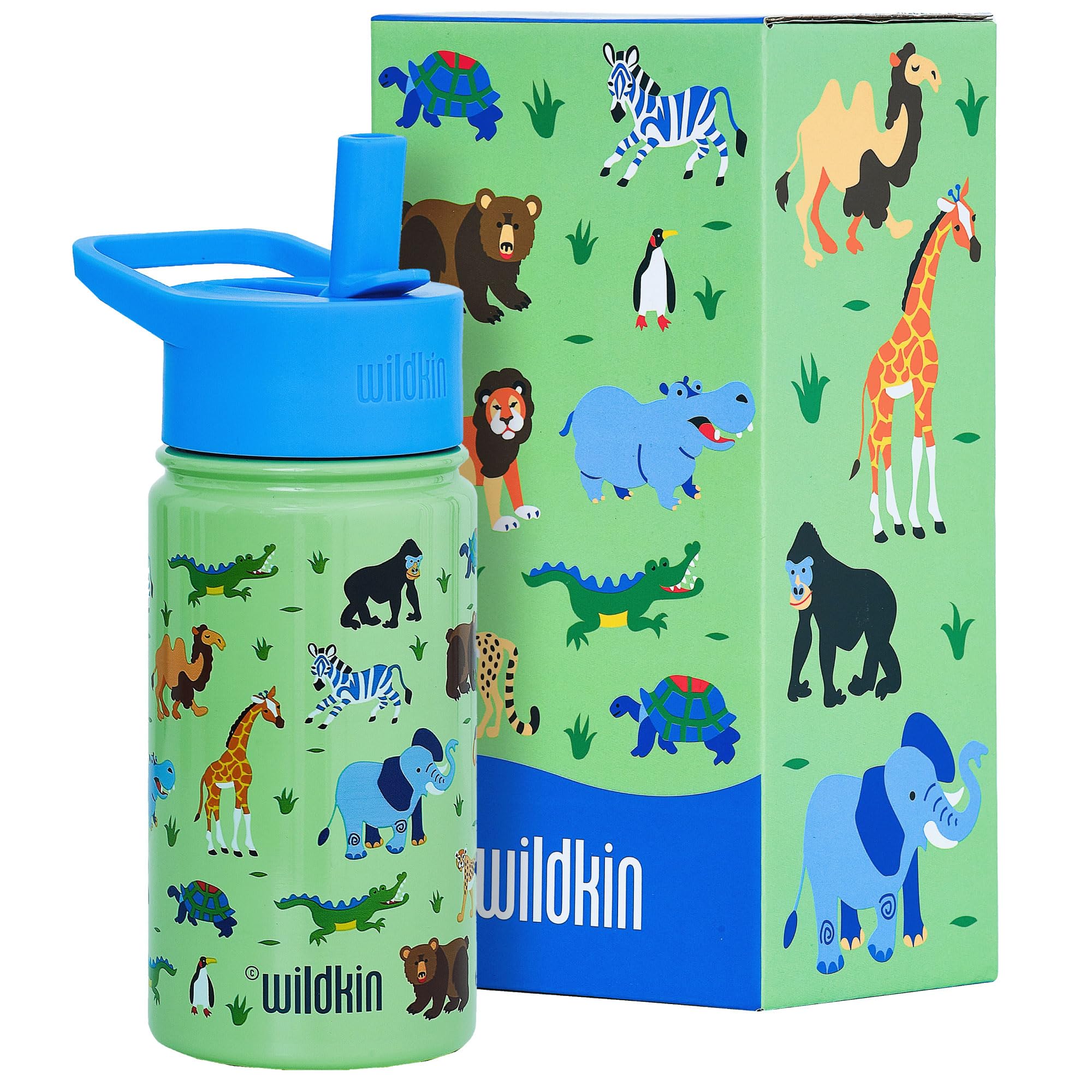Wildkin botella de agua 14oz con pajita, ideal para escuela y mochila.